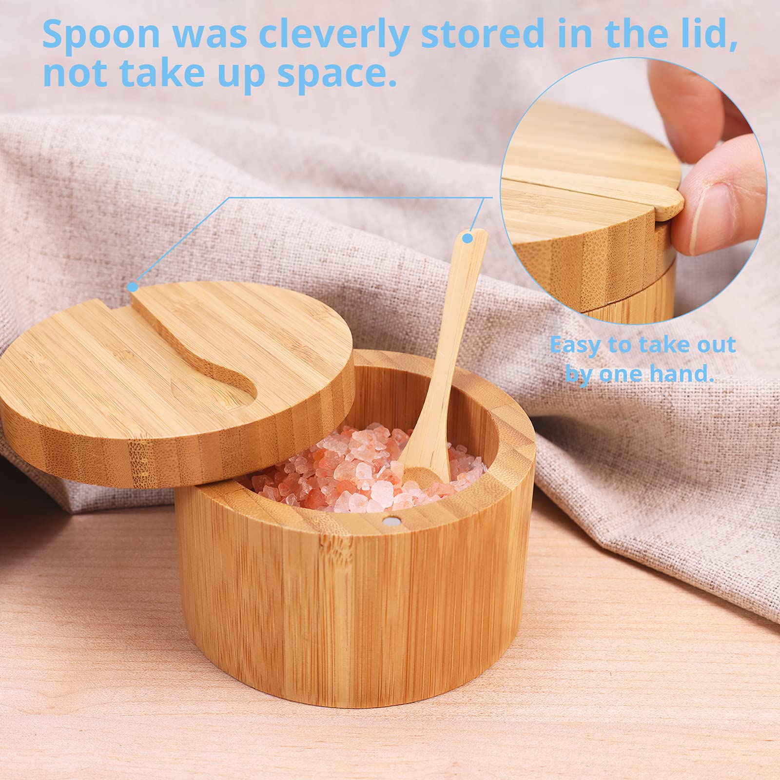 Premium Bamboo Salt Cellar with Mini Spoon - Magnetic Swivel Lid for Easy Access - Round Spice Container for Salt, Pepper & Bath Salts - Ideal for Kitchen, Dining & Home Decor