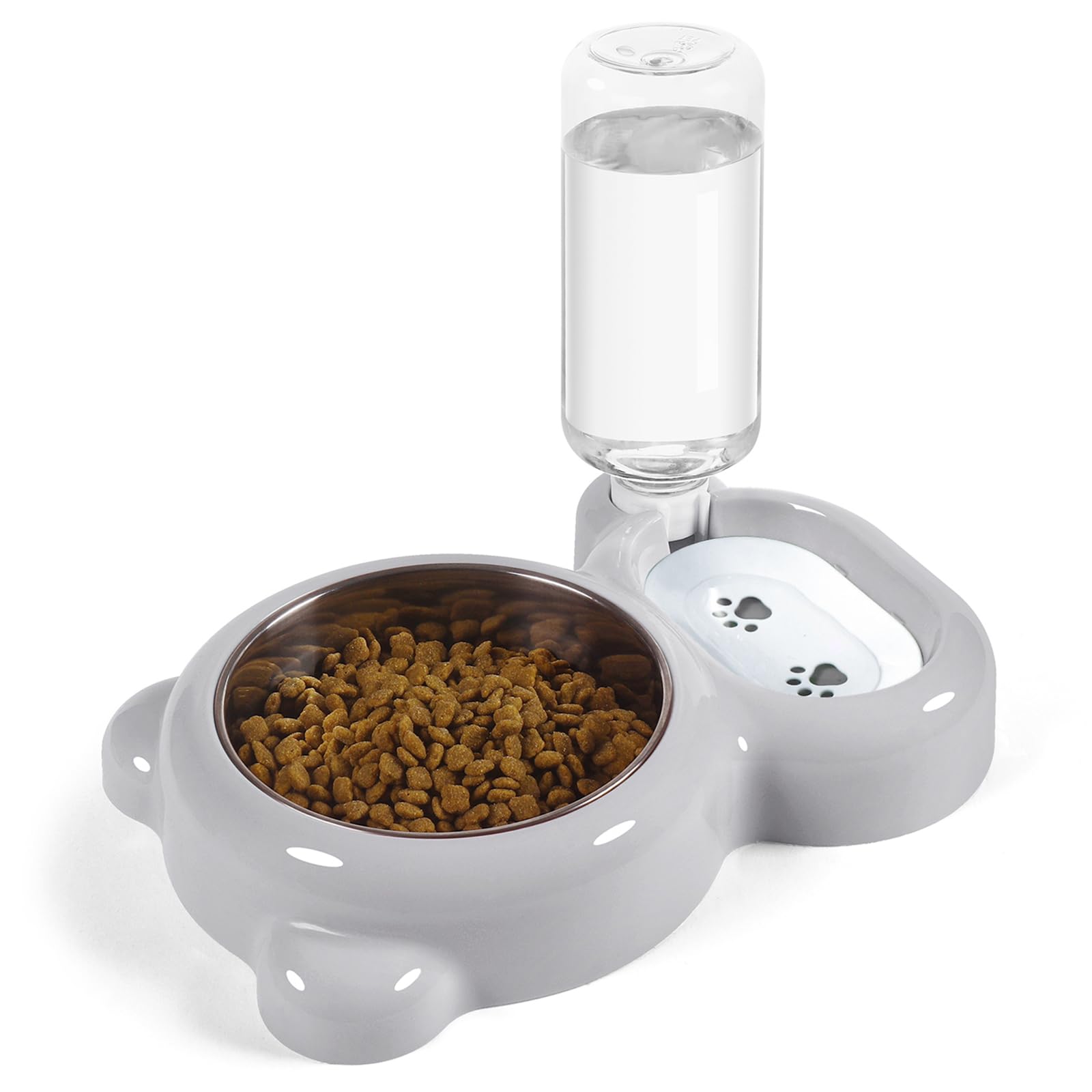 Premium Stainless Steel Cat and Small Dog Bowls Set with Water Dispenser - Non-Slip Pet Food & Water Dishes for Home, Travel, and Outdoor Use - Grey