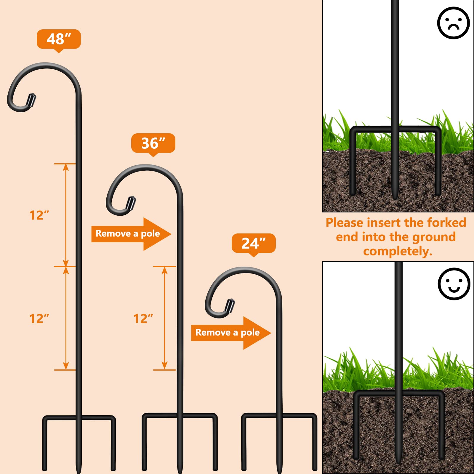 48 Inch Adjustable Shepherd Hooks for Outdoor - 4 Pack Matte Black Garden Hooks for Hanging Plants, Lanterns, Bird Feeders & Solar Lights - Perfect for Mason Jars, Wedding Decor & Backyard Landscaping