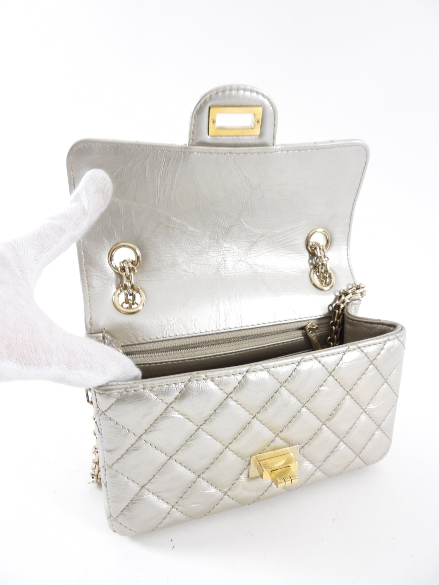 Chanel Silver Aged Leather Mini 2.55 Reissue Flap Bag - Vintage Luxury Handbag for Women, Perfect for Evening Parties & Special Occasions