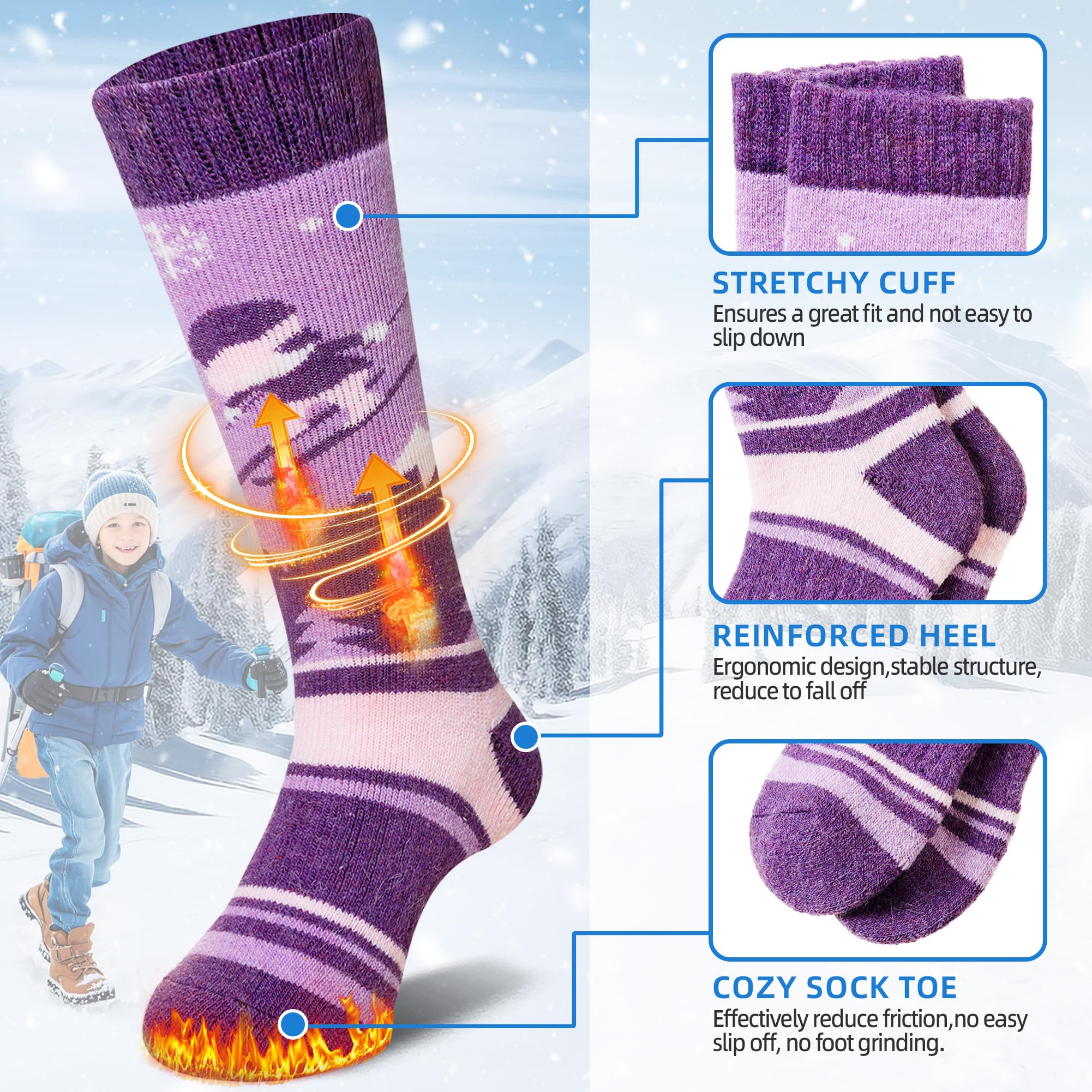 SeeyAN Kids Ski Socks - 3 Pairs Merino Wool Thermal Winter Socks for Boys & Girls - Warm & Thick Snowboarding & Skiing Socks for Cold Weather - Perfect for Snow Sports, Winter Hiking & Outdoor Activities