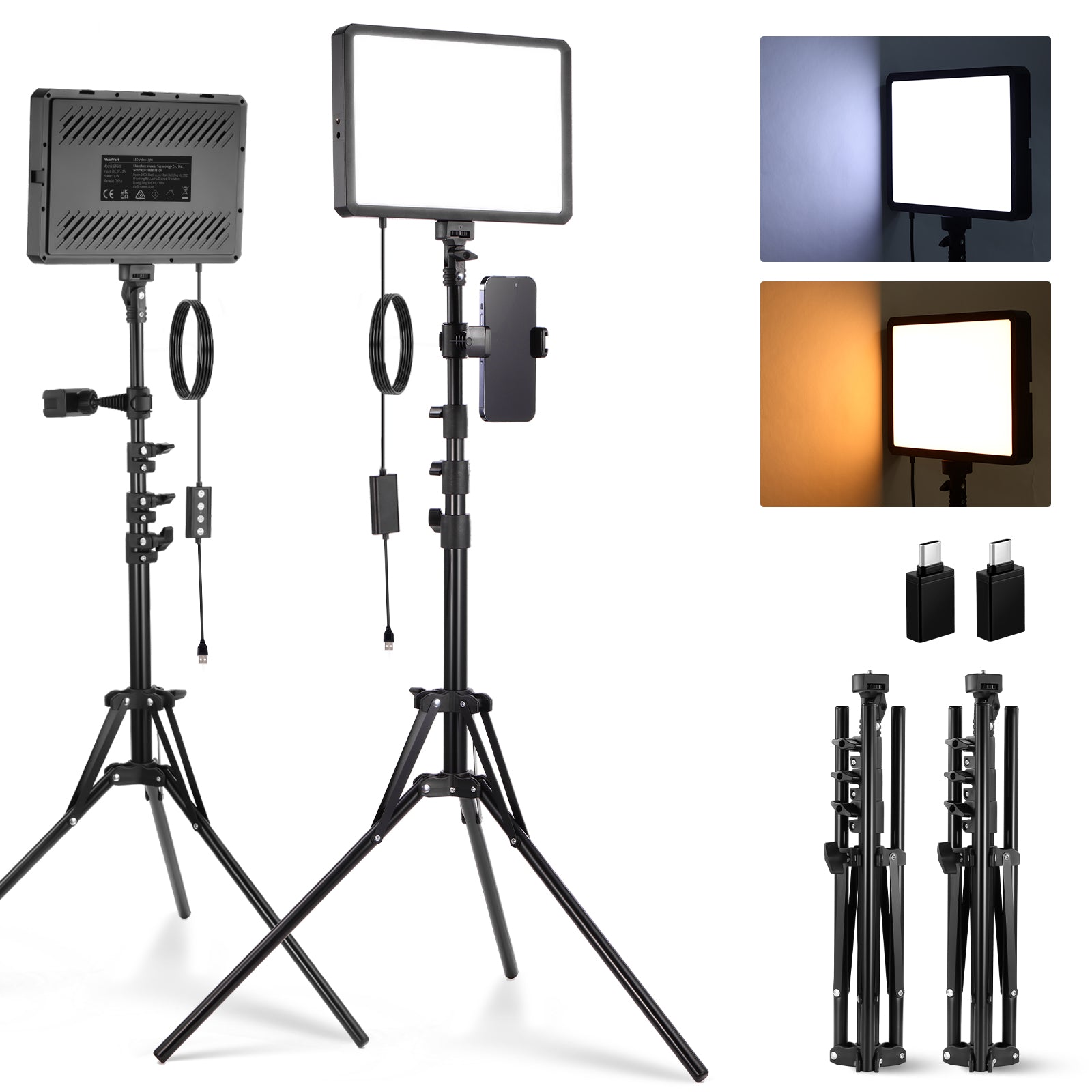 NEEWER BASICS BP300 2 Pack Bi-Color LED Video Light Kit - 3200K-5600K Adjustable, Dimmable Lighting for Photography, YouTube Videos & Studio Streaming