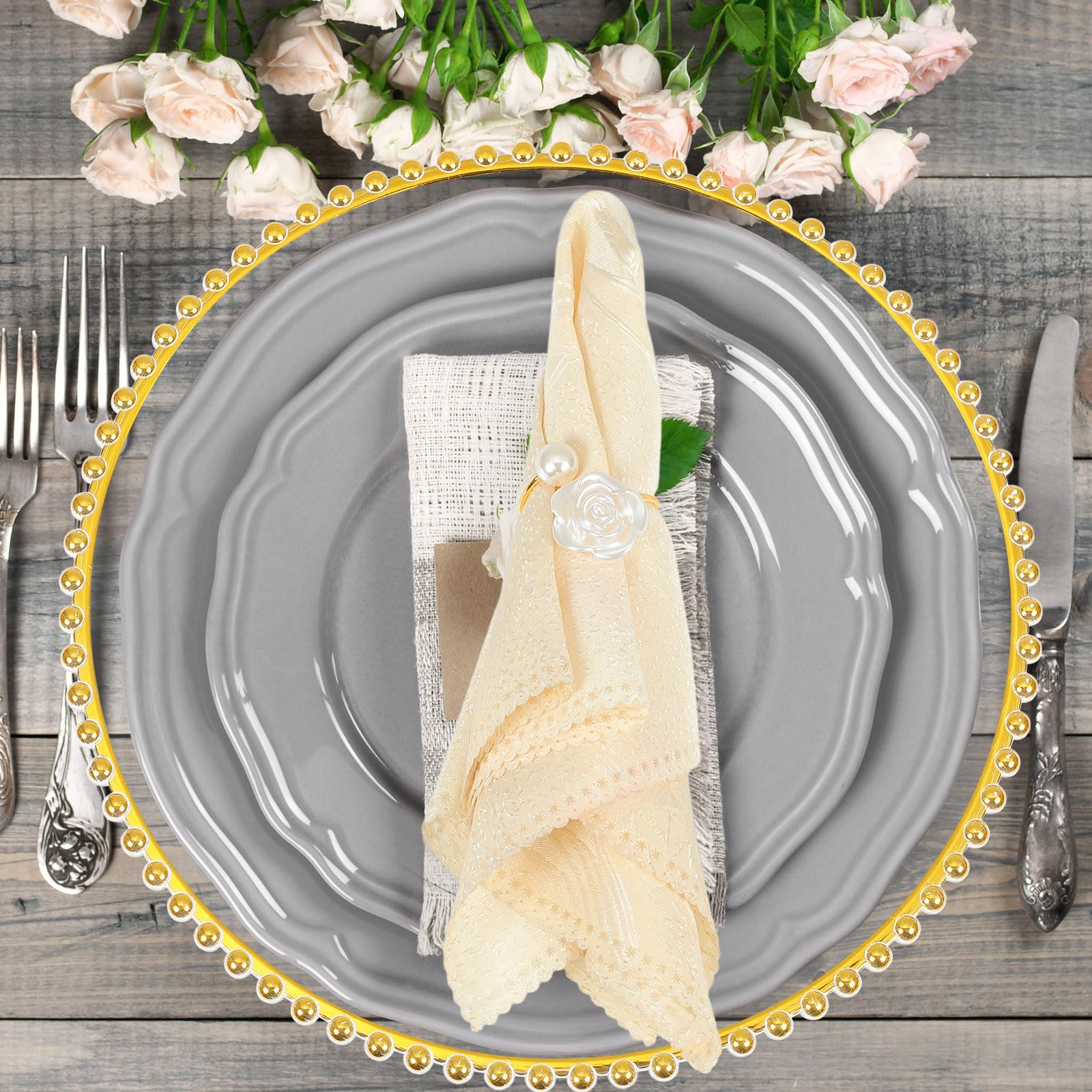 50-Pack Clear Beaded Charger Plates & Napkin Rings Set - 13 Inch Gold Plastic Round Plates for Wedding, Dinner Party & Event Table Decorations - Elegant Table Setting for Formal Occasions