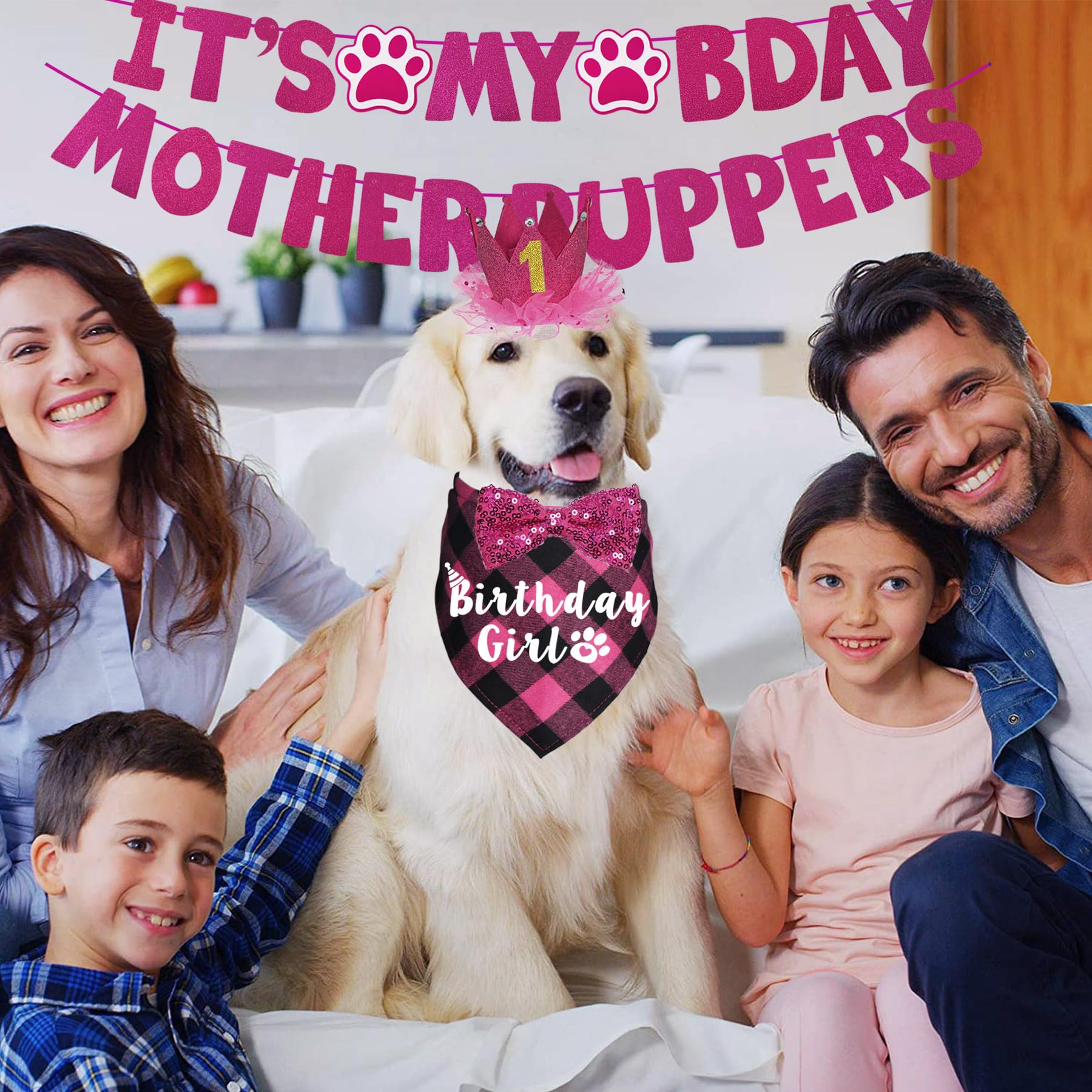 Dog Birthday Party Decorations Set - Adjustable Bandana, Birthday Hat Crown, Bow Tie & Banner for Large & XL Dogs - Pink X-Large Size - Perfect for Puppy Birthday Celebrations & Photo Shoots
