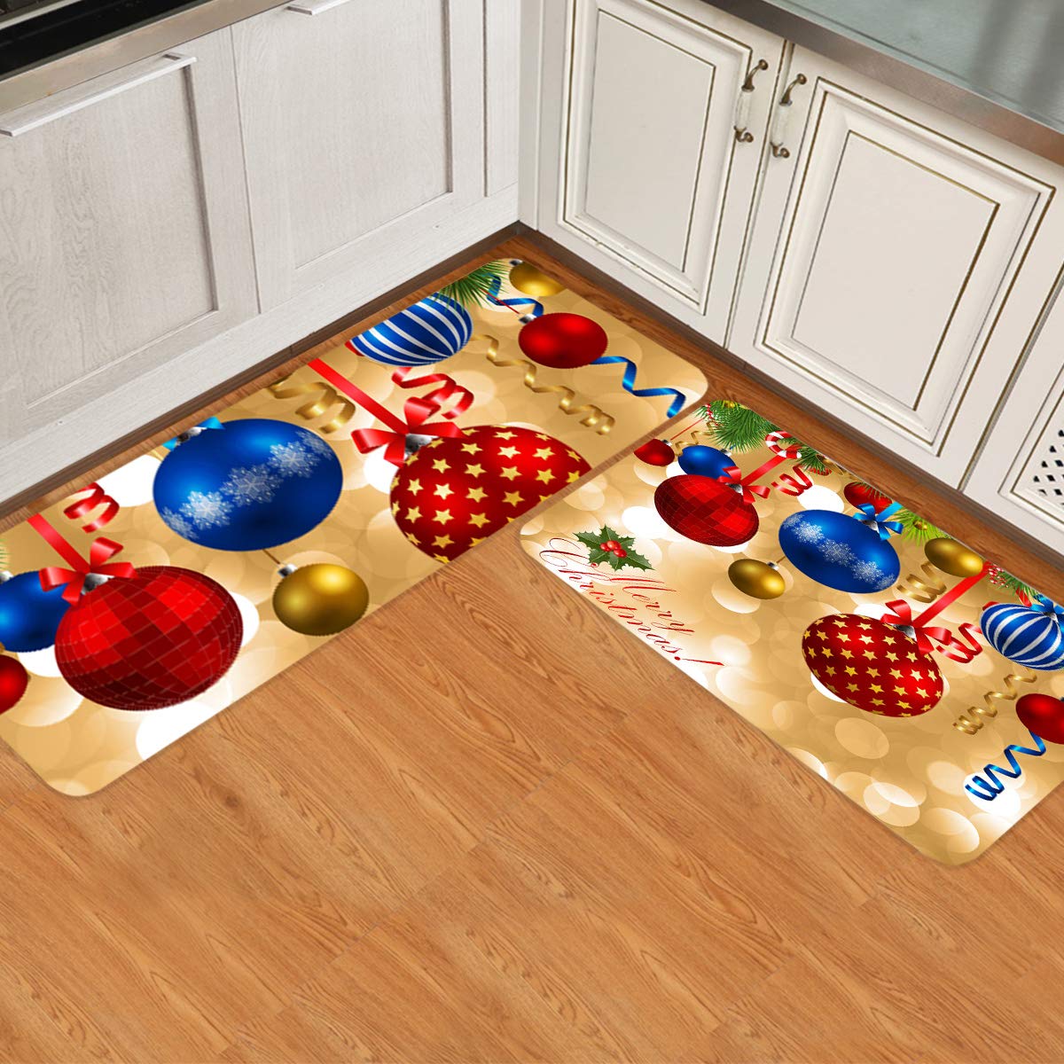 Non-Slip Christmas Kitchen Runner Rugs Set of 2 - Waterproof Floor Mats for Doorway, Bathroom & Kitchen Decor with Cedar Bell Ribbon Design | Holiday Home Decor, Gift Idea & Festive Housewarming