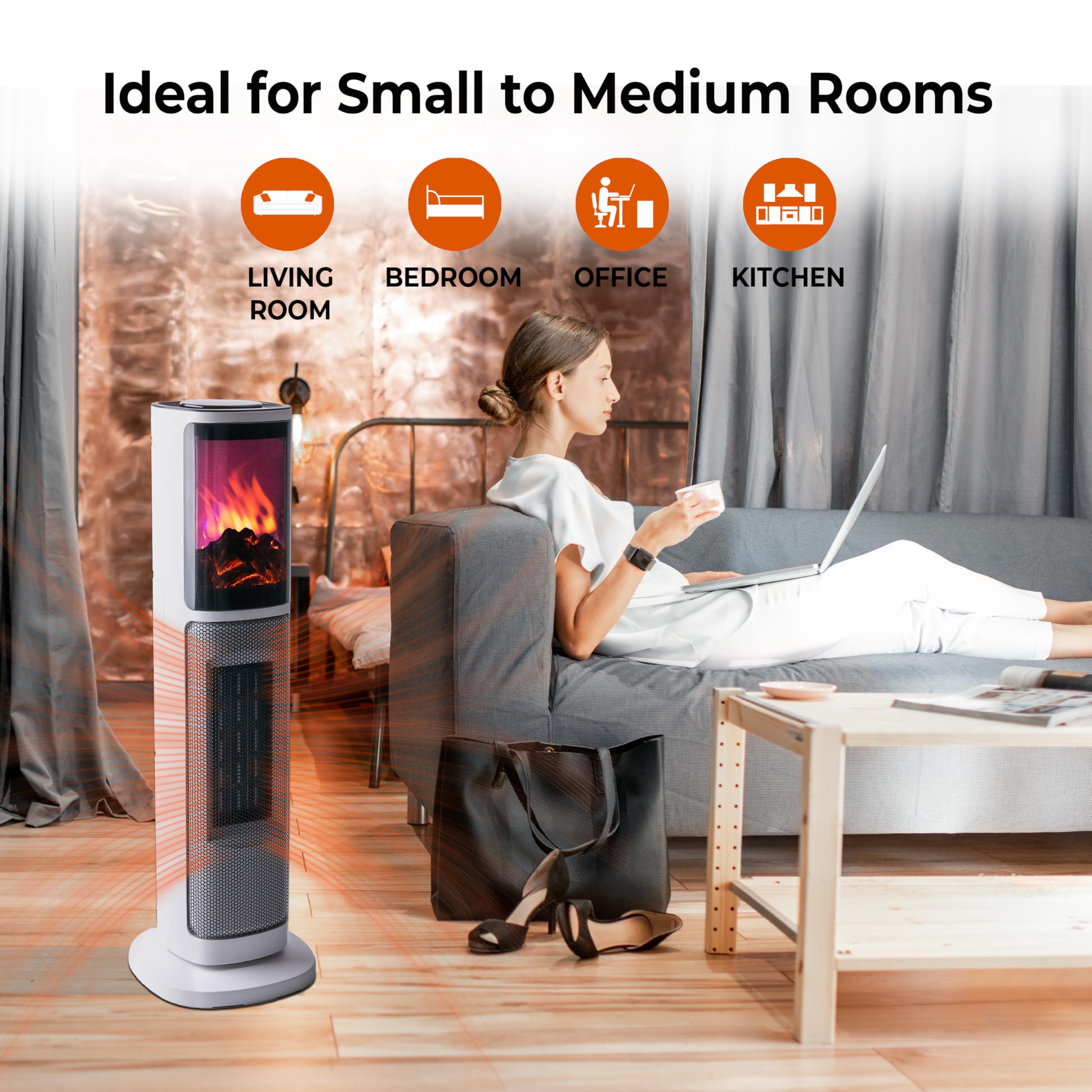 Comfort Zone 3D Flame Electric Space Heater - 25 Inch Indoor Portable Heater with Remote Control, 8H Timer, 75° Oscillation & Adjustable Thermostat | Overheat Protection | Perfect for Bedroom, Office & Living Room Heating