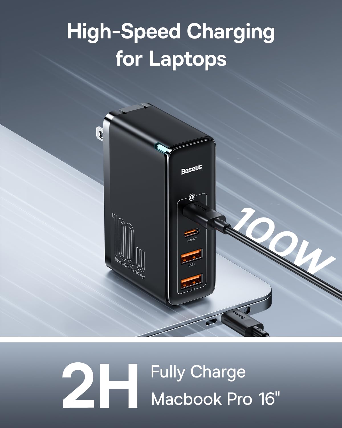 Baseus 100W 4-Port GaN II Fast Wall Charger with 2 USB-C & 2 USB-A Ports - Compact PD Charging Block for iPhone 15/14/13, Galaxy S23/S22, MacBook Pro/Air, iPad Pro/Air, Laptops, AirPods & Apple Watch (Black) - Perfect for Travel, Office & Home Charging Multiple Devices Simultaneously