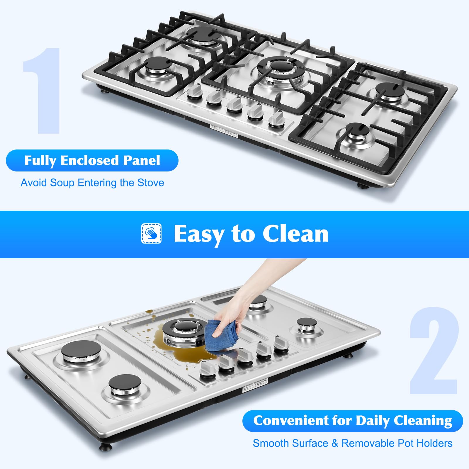 33.8 Inch 5-Burner Built-In Natural Gas Cooktop - Stainless Steel Surface & Cast Iron Grates with Electric Ignition & Flame Failure System (860x500mm) - Perfect for Modern Kitchens, Home Cooking & Professional Chefs