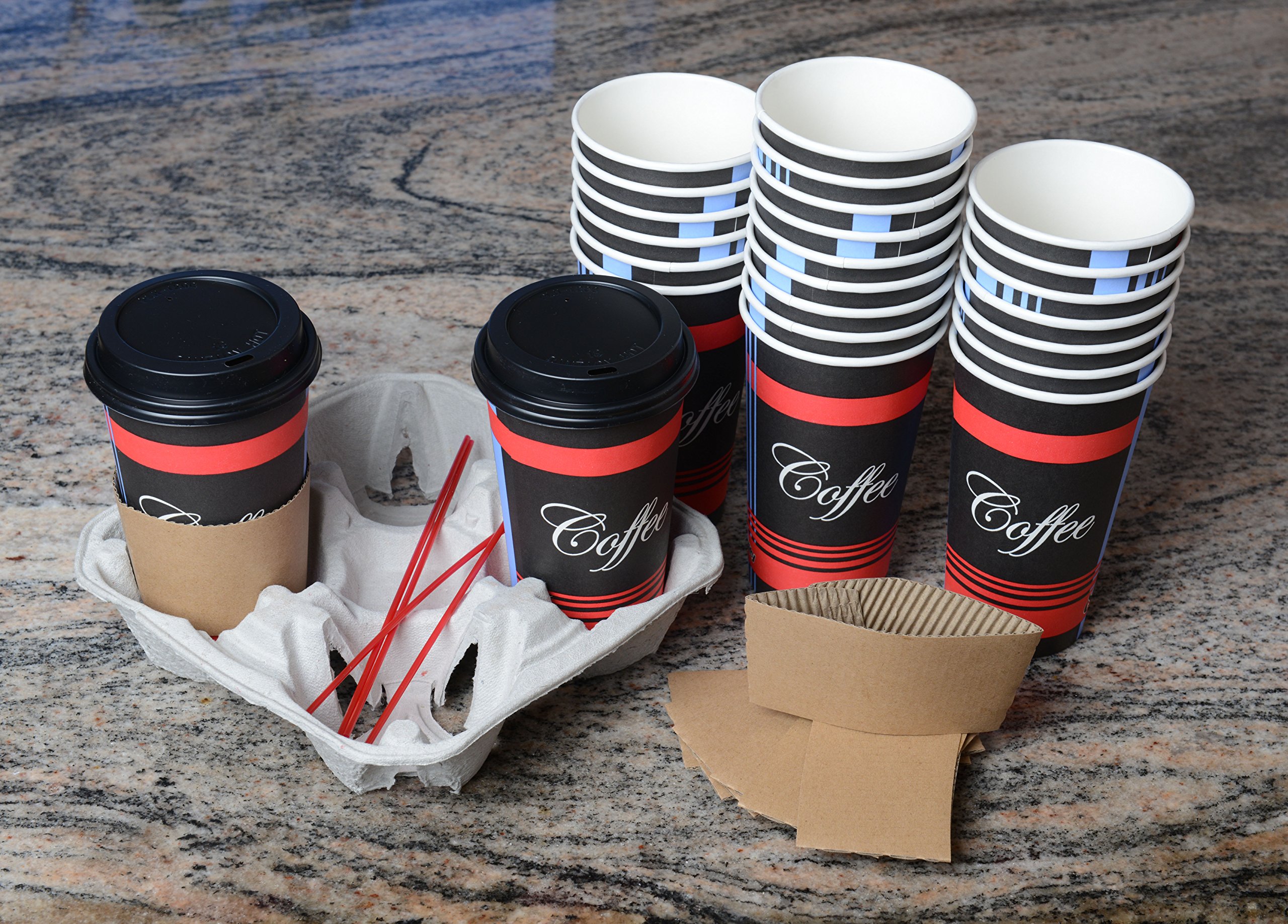 EcoQuality 300-Pack 16oz Disposable Paper Coffee Cups with Black Dome Lids, Sleeves & Stirrers - Hot/Cold Beverage Travel Mugs for Coffee, Tea, Chocolate & Latte - Perfect for Office, Parties, Cafes & On-the-Go Use