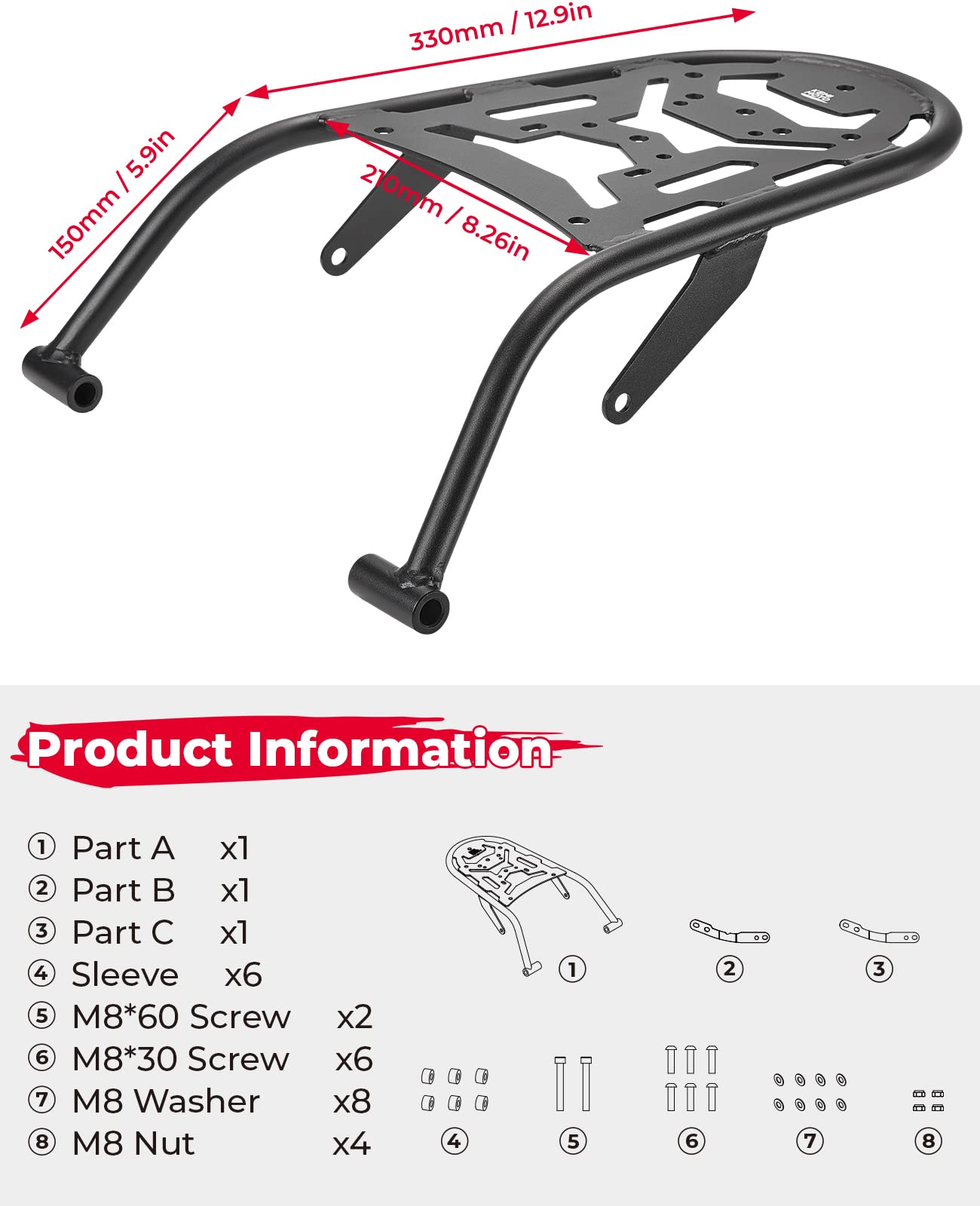 KEMIMOTO Motorcycle Rear Rack for Yamaha XT250 (2008-2025) - Heavy Duty Luggage Carrier & Cargo Storage Rack - Perfect for Enduro Adventures, Camping, and Off-Road Travel