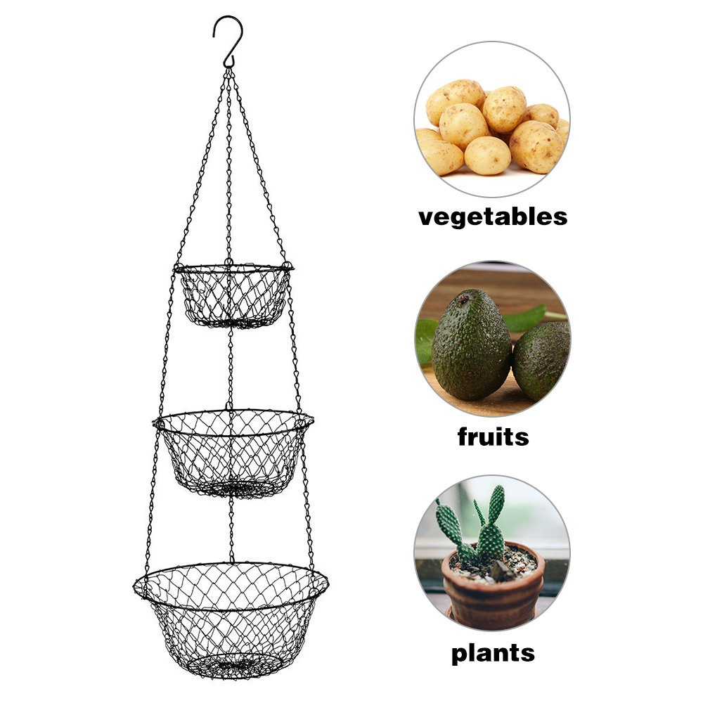 Malmo 3-Tier Wire Hanging Basket for Fruits & Vegetables - Black Iron Kitchen Storage Organizer - Perfect for Pantry, Countertop, or Wall Mount Storage