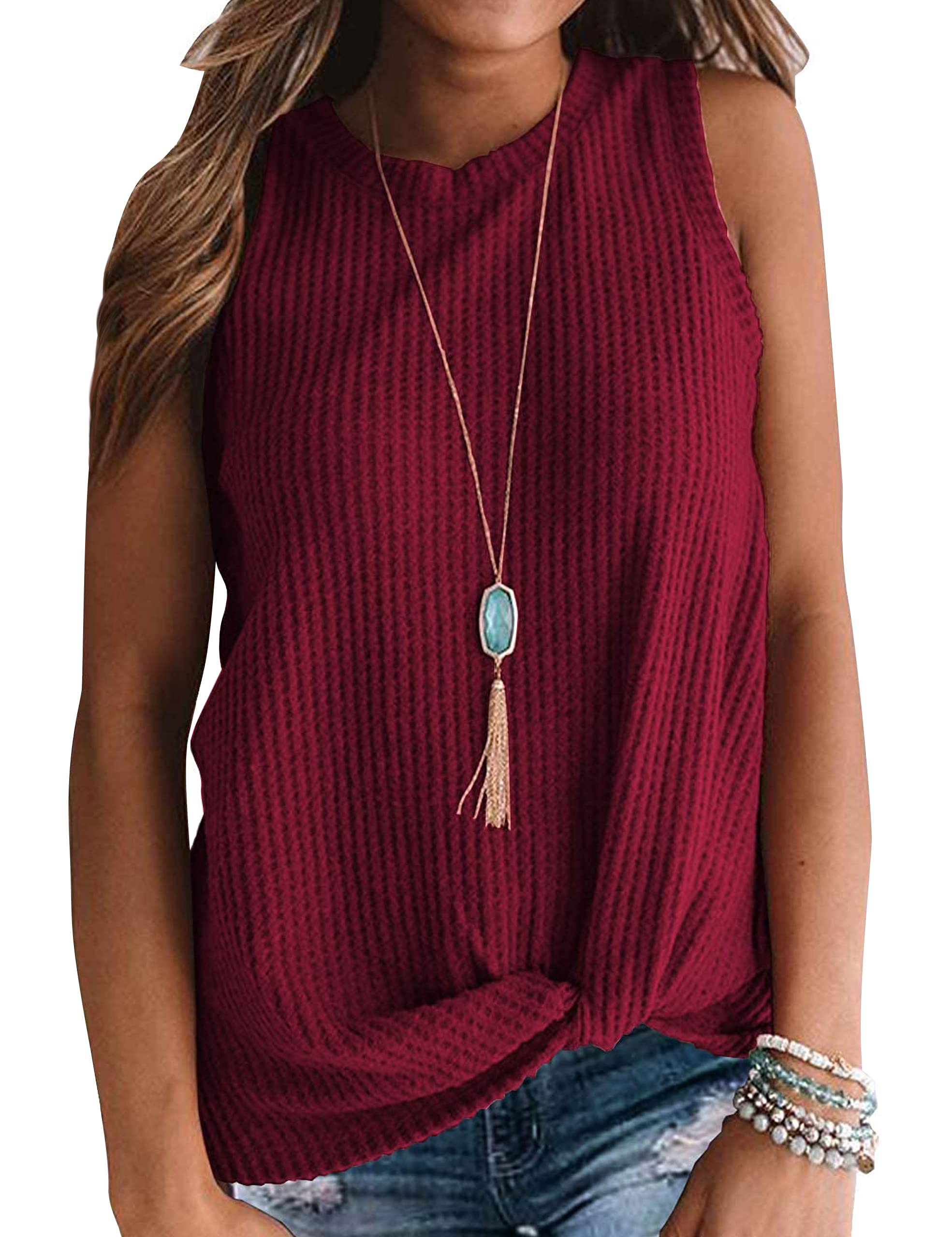 MIHOLL Women's Sleeveless Twist Knot Waffle Knit Tank Top - Cute Casual Summer T-Shirt for Beach, Vacation & Everyday Wear