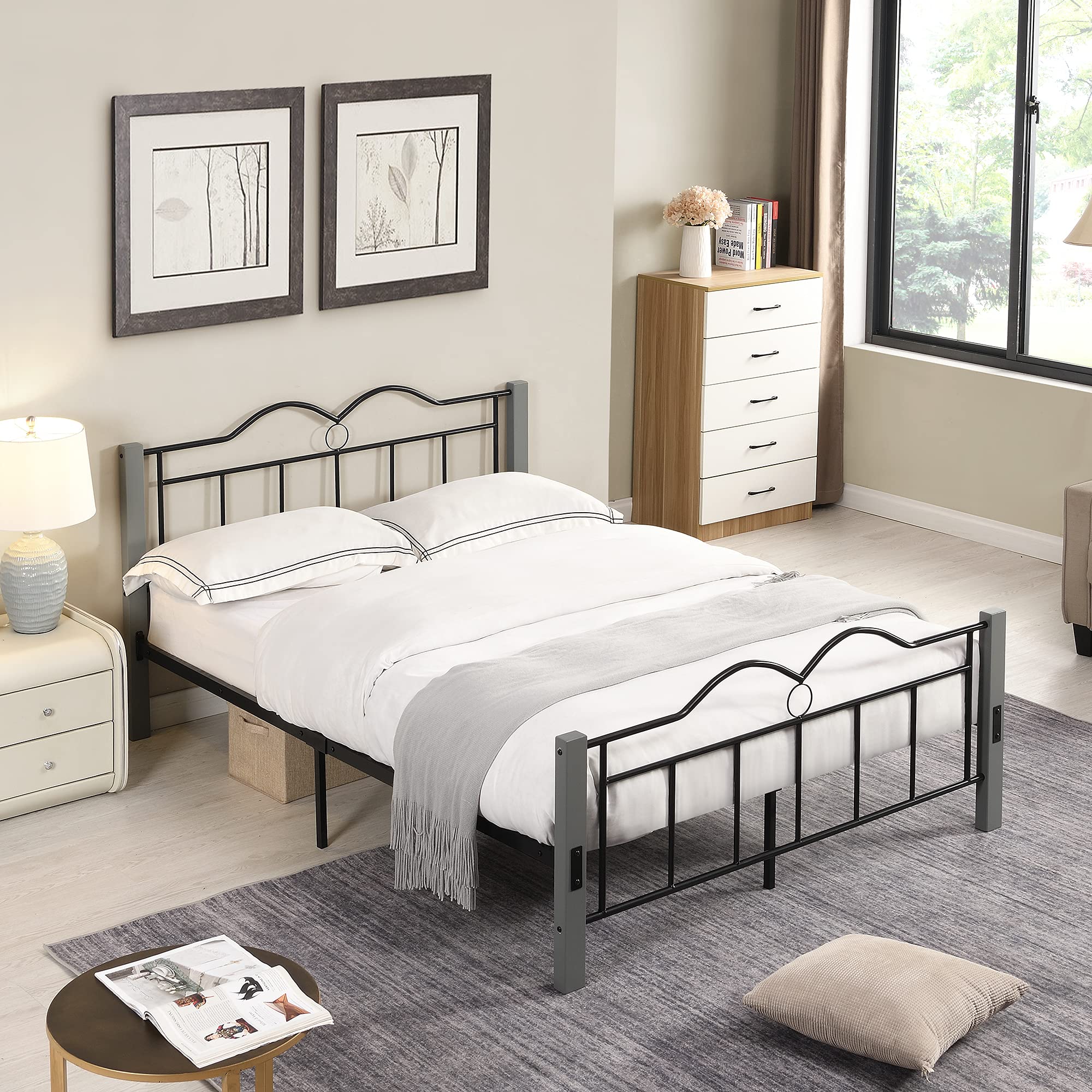 SQX Full Size Metal Platform Bed Frame with Wooden Feet - Sturdy & Modern Design for Kids & Teens Bedroom (Grey) | Perfect for Small Spaces, Dorm Rooms & Guest Rooms