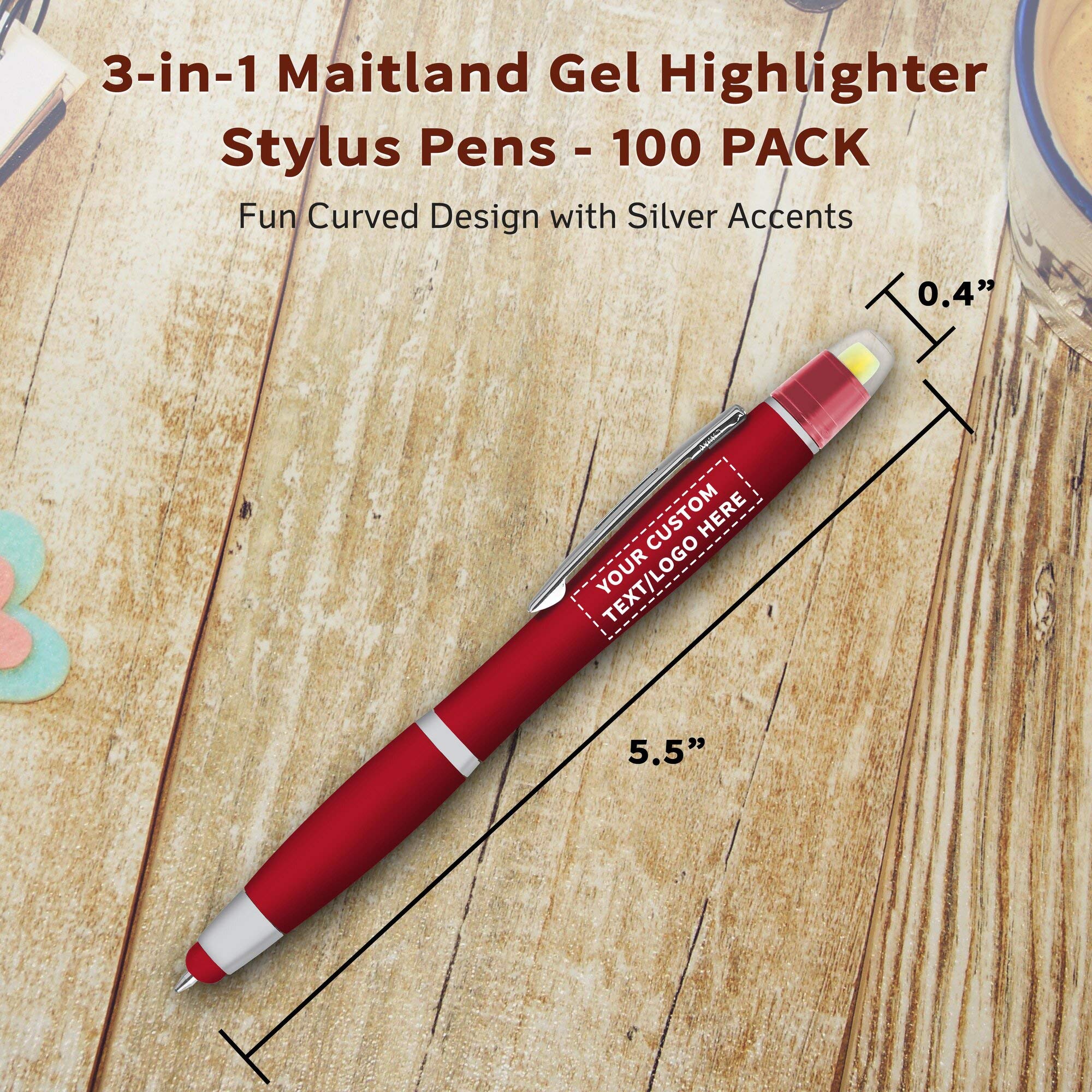 Custom Maitland Gel Highlighter Stylus Pens - 100 Pack Bulk - Smooth Writing, Personalized with Text/Logo - Ideal for Office, School & Note-Taking (Red)