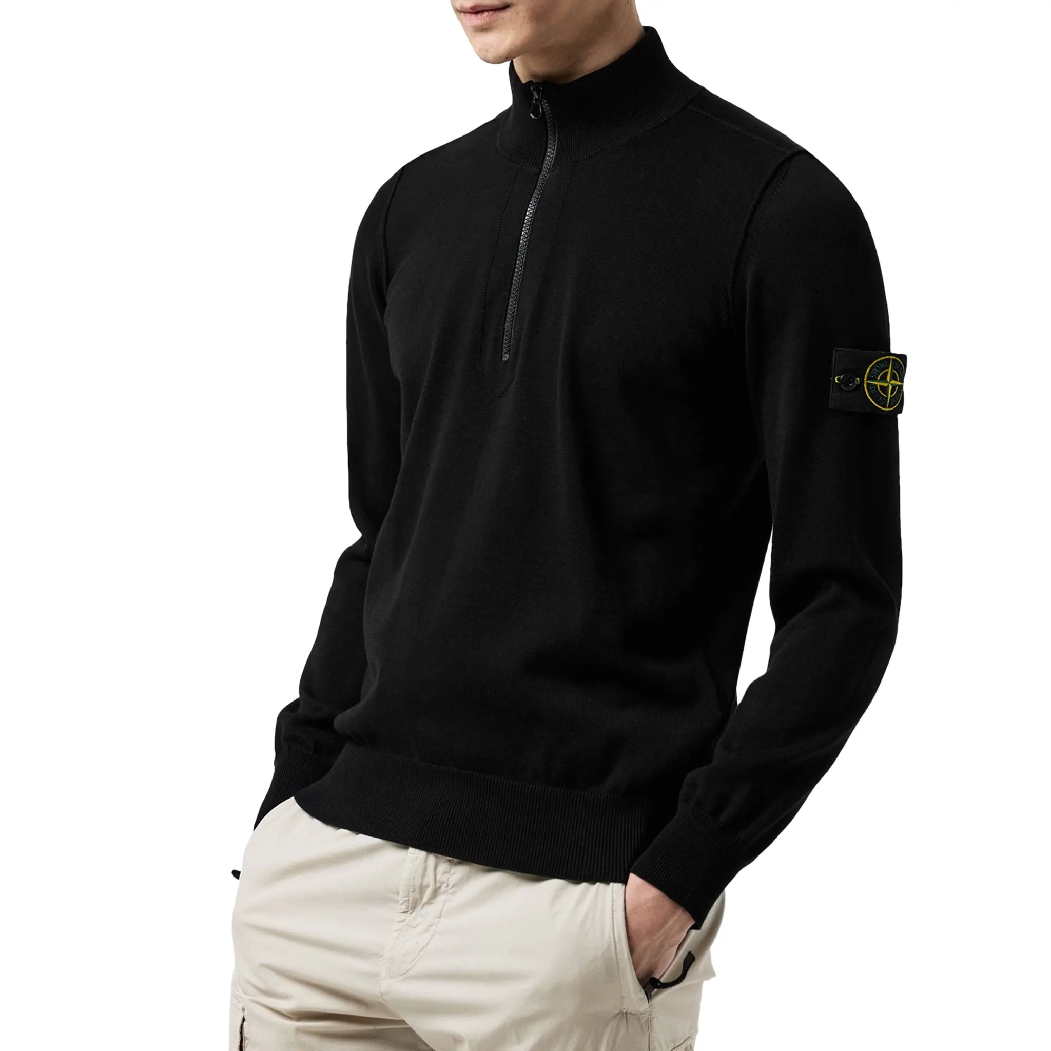 Stone Island Men's Quarter Zip Black Knit Sweatshirt | Lightweight Pullover for Casual Wear & Outdoor Activities