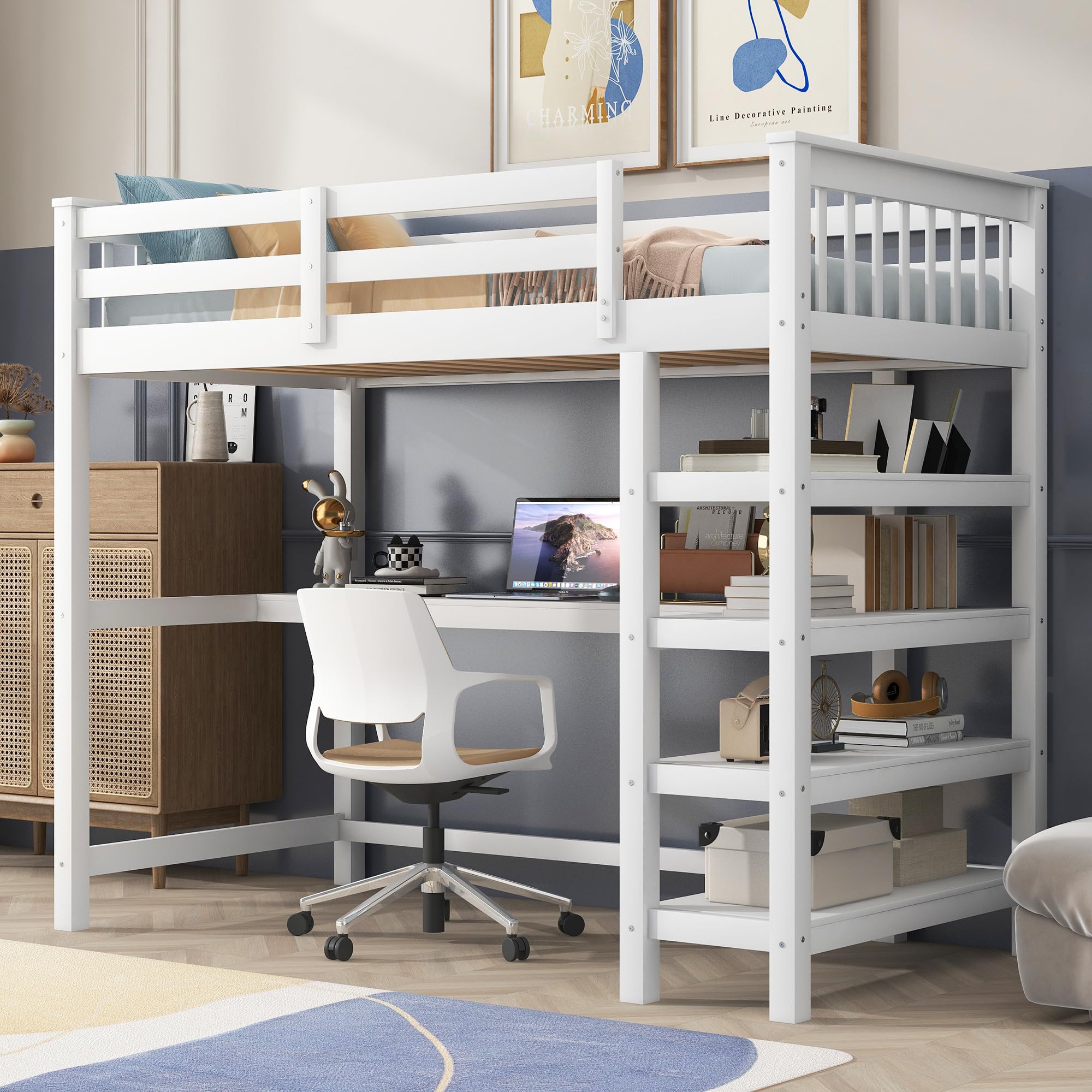 Merax Twin Size Wood Loft Bed with Built-in Desk & 4 Storage Shelves - Solid White Wooden Study Bed for Small Spaces, Dorm Rooms & Kids Bedrooms