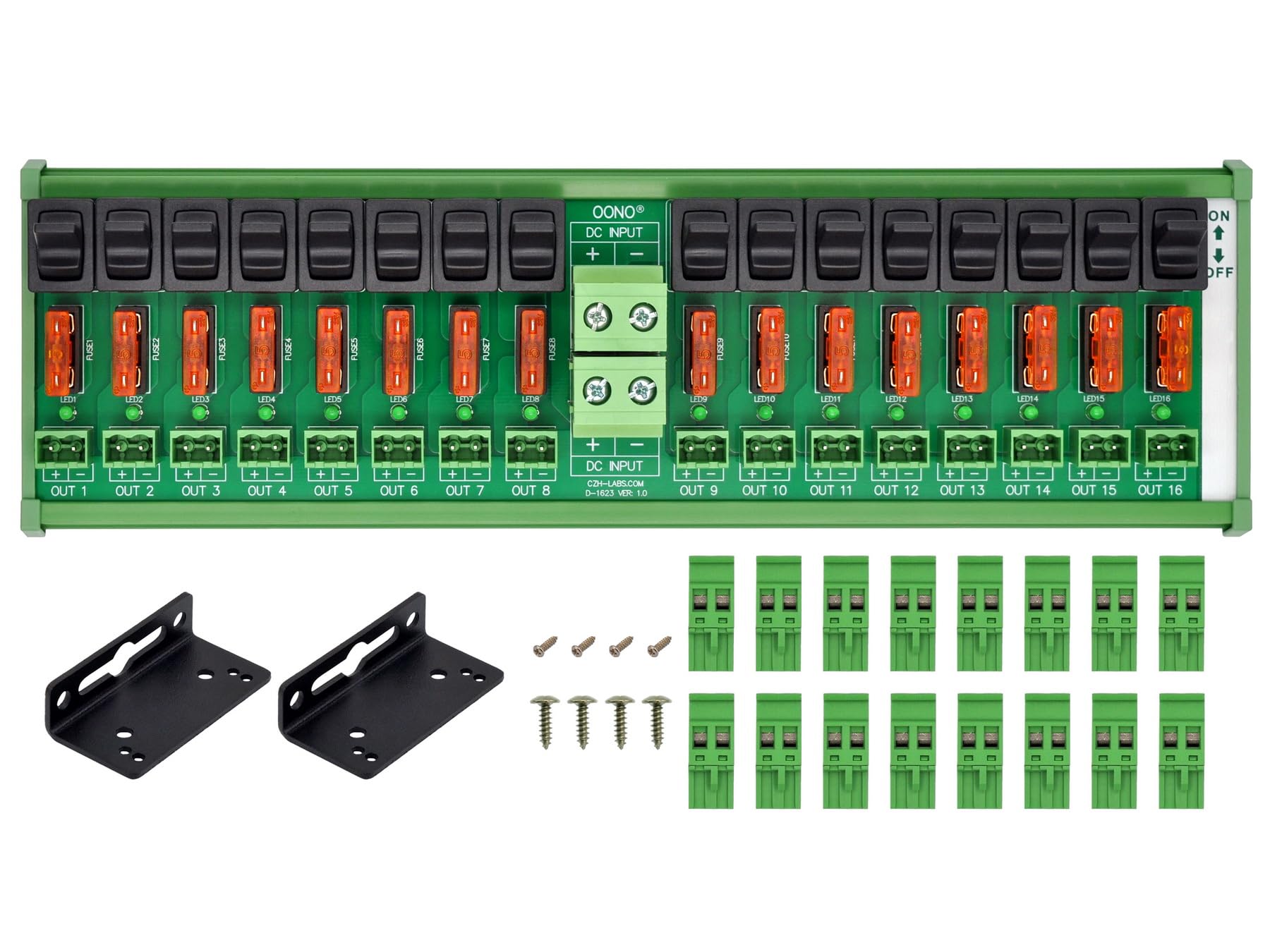 16-Channel DC Power Distribution Module with Rocker Switch, Fused Protection & Pluggable Terminal Block - DIN Rail/Screw Mount for Industrial Automation & Electrical Control Panels