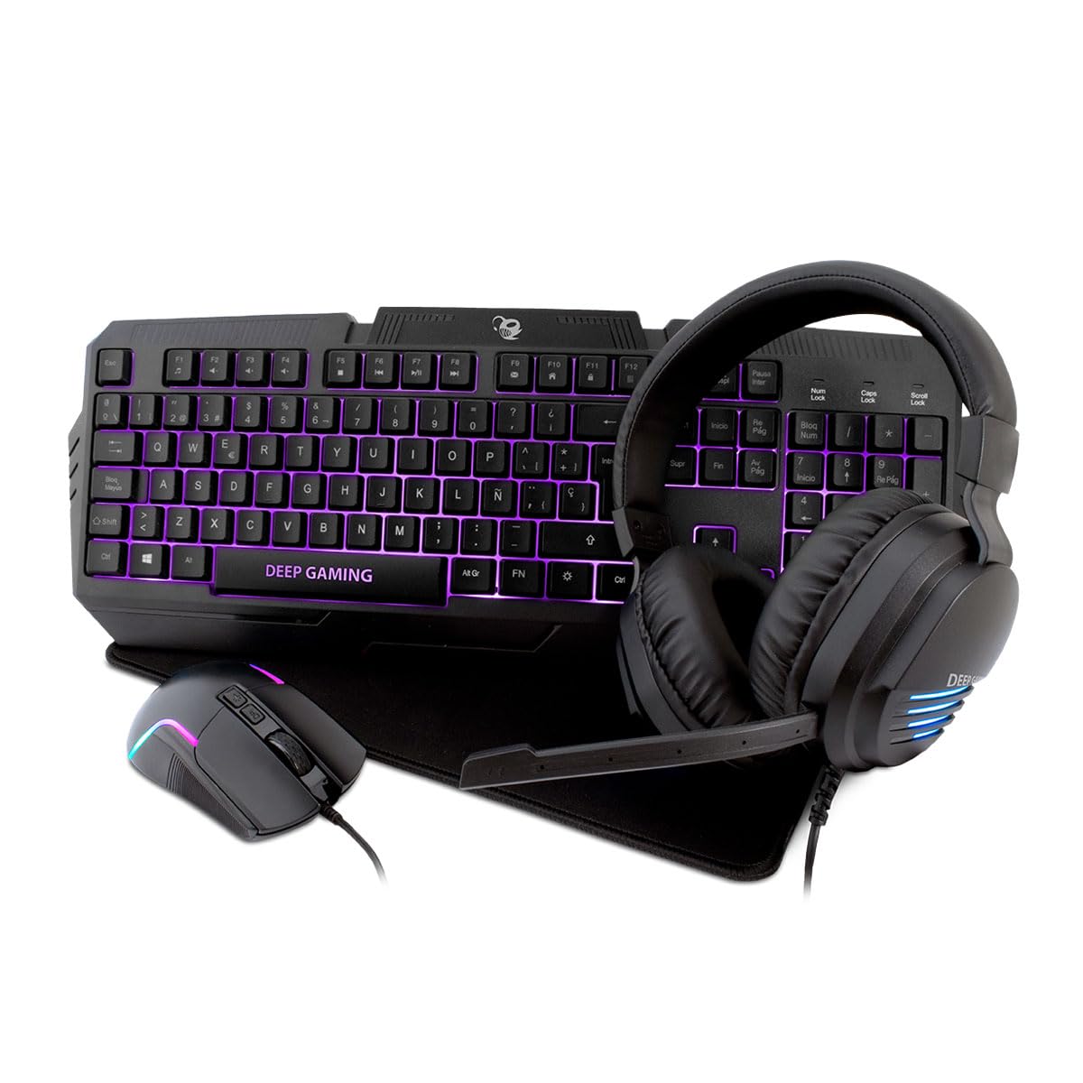 DeepGaming X-Wing 2-in-1 Gaming Combo - RGB Backlit Membrane Keyboard with Ñ Key, 7200DPI Optical Gaming Mouse, Noise-Cancelling Headset with Mic, Non-Slip Mouse Pad - Complete PC Gaming Setup for Windows/Mac - Perfect for Esports, Streaming & Home Office Work