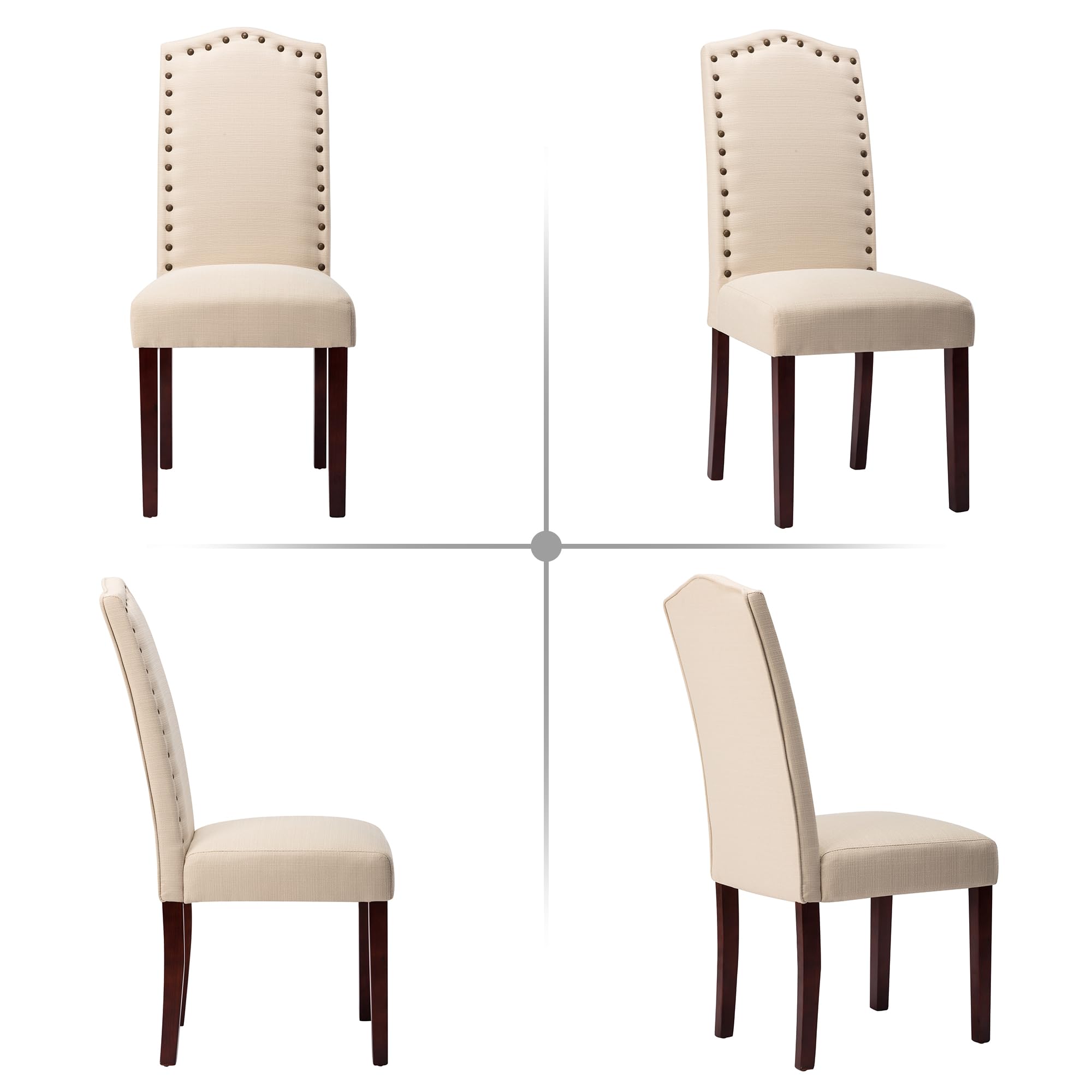 LSSBOUGHT Set of 2 Upholstered Parsons Dining Chairs - Beige Fabric Kitchen Chairs with Solid Wood Frame & Nailhead Trim - Perfect for Dining Room, Kitchen, and Breakfast Nook