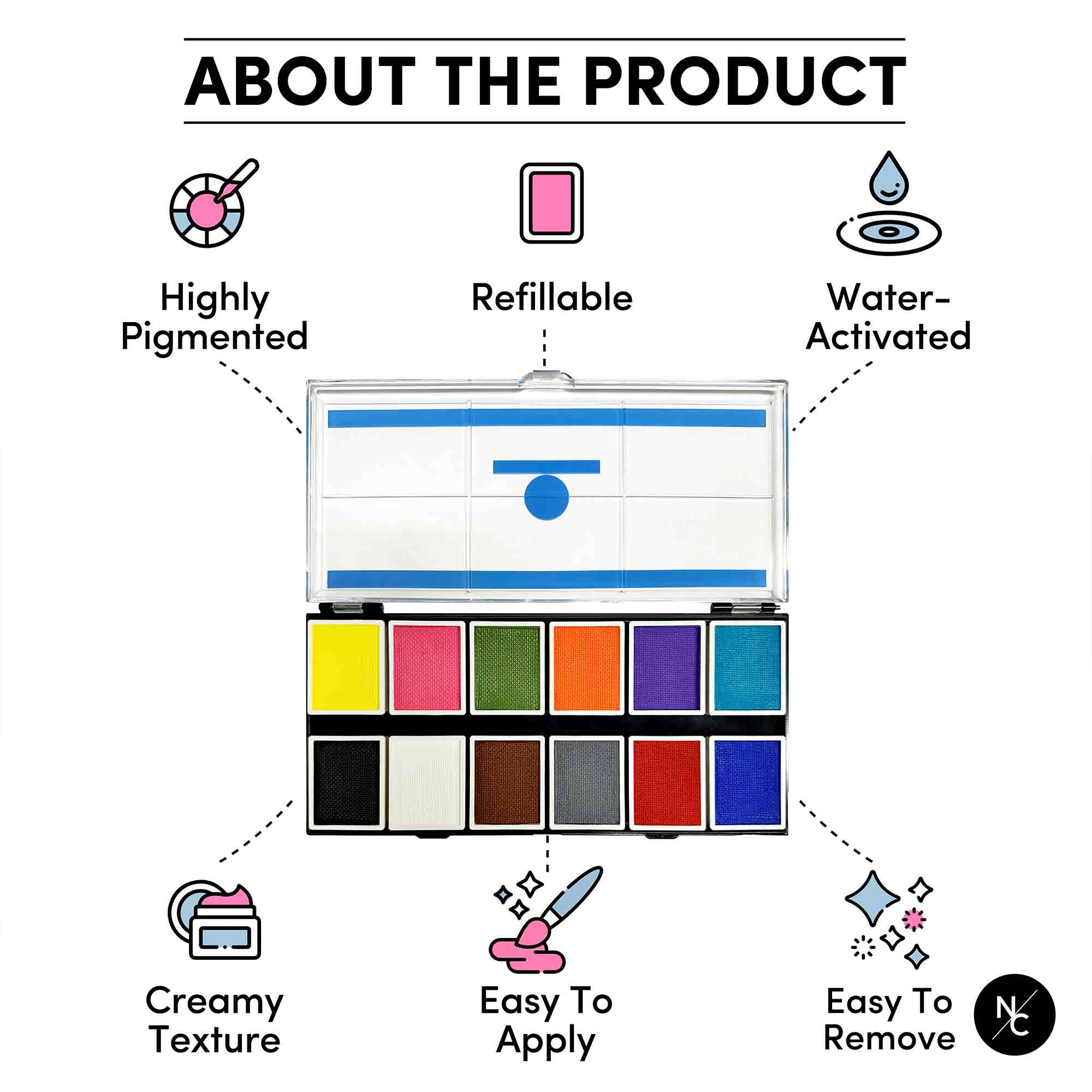 12-Color Water Activated Face & Body Paint Palette - Safe for Kids & Adults - Perfect for Halloween, Cosplay & Face Painting Parties