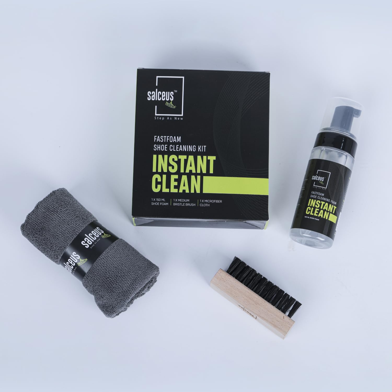 **SALCEUS Quick Fastfoam Sneaker Cleaning Kit – 150ml Shoe Cleaner Foam, Medium Bristle Brush & Microfiber Cloth – White | Sports, Casual & Running Shoes Stain Remover | All-Purpose Cleaner for Sneakers, Canvas & Leather Shoes | Perfect for Gym, Travel & Daily Use**