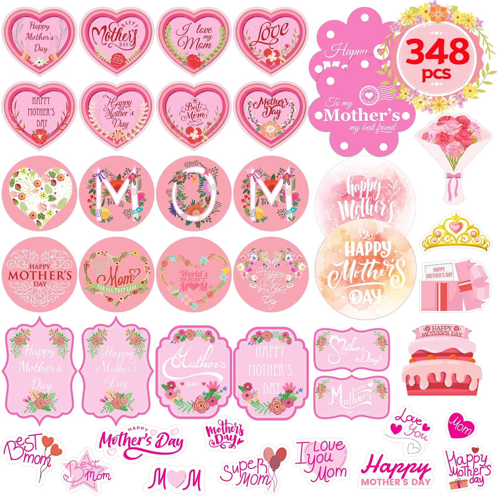 Funnlot 348PCS Happy Mother's Day Stickers for Kids - DIY Envelope, Card, Box & Party Decorations - Perfect for Classroom Crafts, Scrapbooking & Gift Wrapping