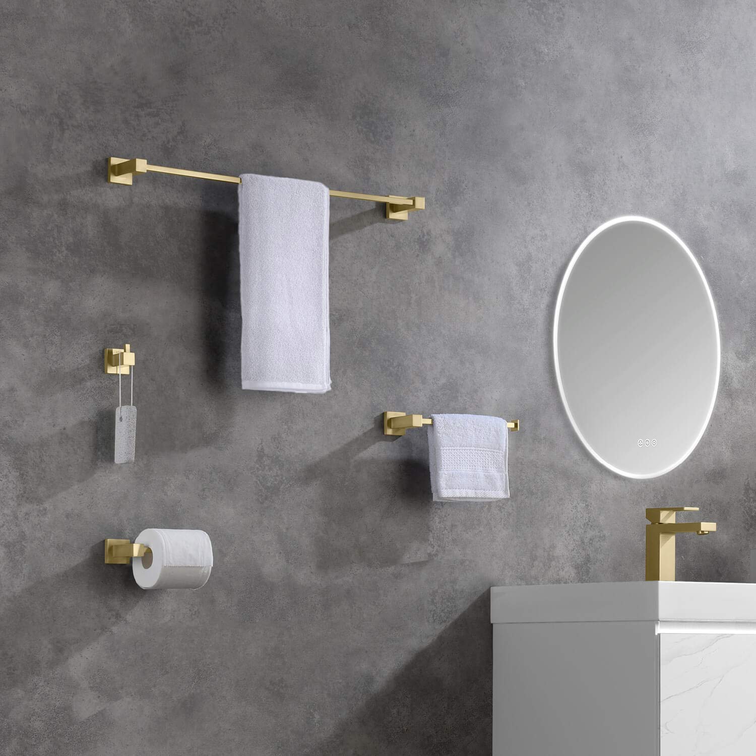 KIBI Cube 4-Piece Bathroom Hardware Set - Solid Brass Towel Bar, Towel Ring, Toilet Paper Holder & Robe Hooks | Brushed Gold Finish | Durable & Stylish for Modern Bathrooms | Perfect for Home, Hotel & Spa Decor (C-KBA15-4)