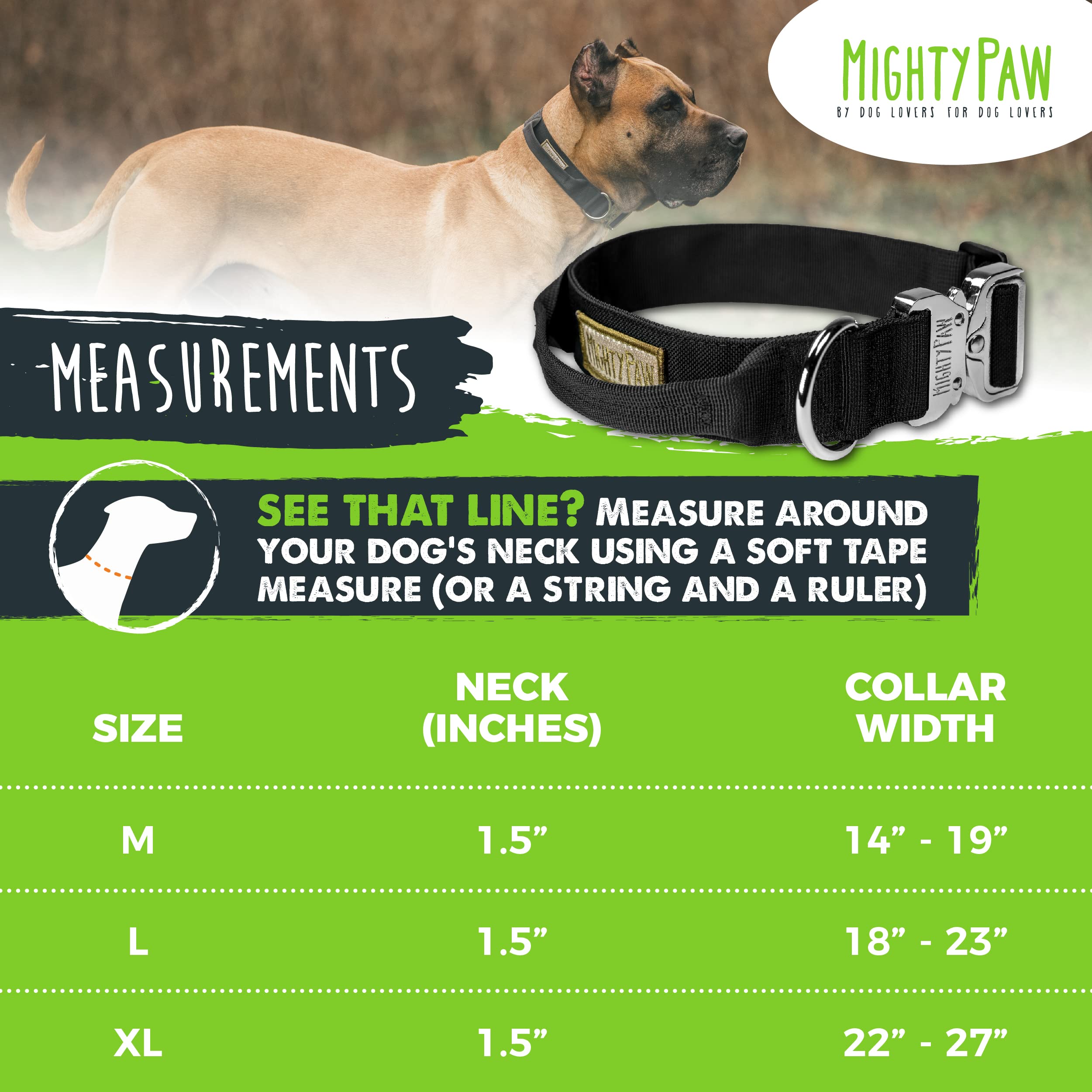 Mighty Paw Heavy Duty Tactical Dog Collar with Metal Buckle - Weatherproof Polyester Training Collar for All Dog Breeds - Durable Handle Design (Black) - Perfect for Outdoor Adventures, Hiking & Daily Walks