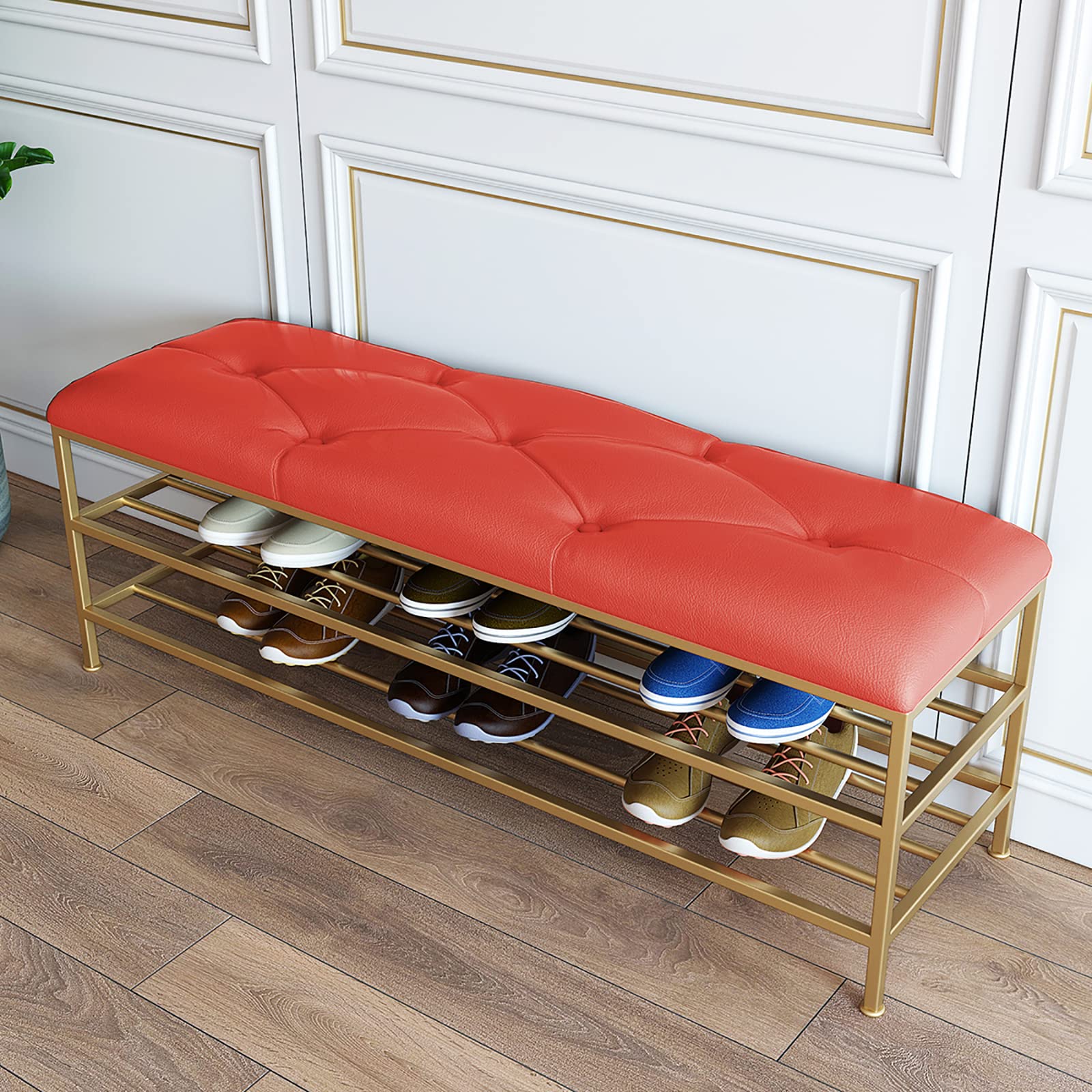 Modern Shoe Bench Organizer - Faux Leather Entryway Bench with Golden Shoe Shelf, Shoe Storage Rack for Hallway (60x35x45cm/24x14x18inch, Red) - Perfect for Small Spaces, Apartment Entryways & Shoe Organization