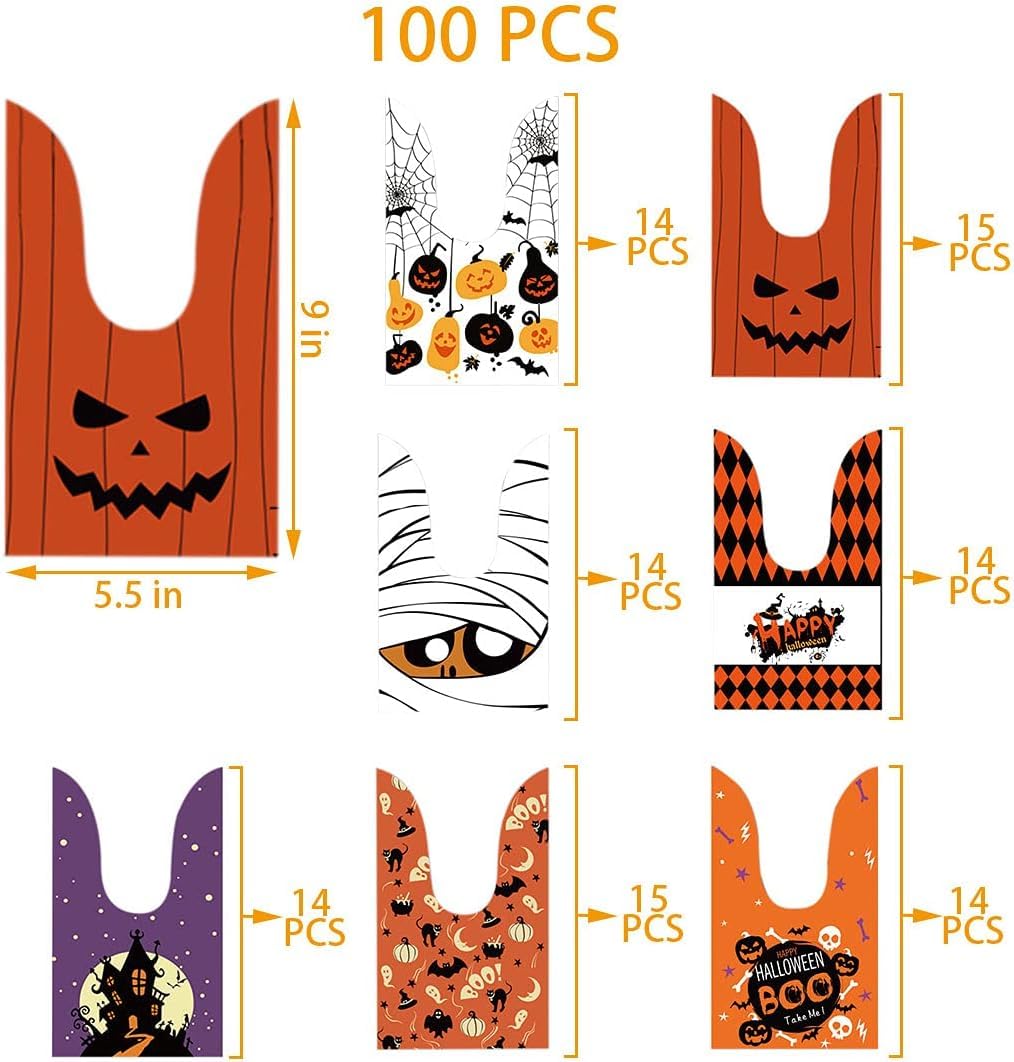 100PCS Halloween Treat Bags - 7 Fun Designs Plastic Candy Bags for Kids Trick or Treat | Halloween Party Favors, Goodie Bags & Party Supplies | Perfect for Classroom Treats, Neighborhood Halloween Events & Costume Parties