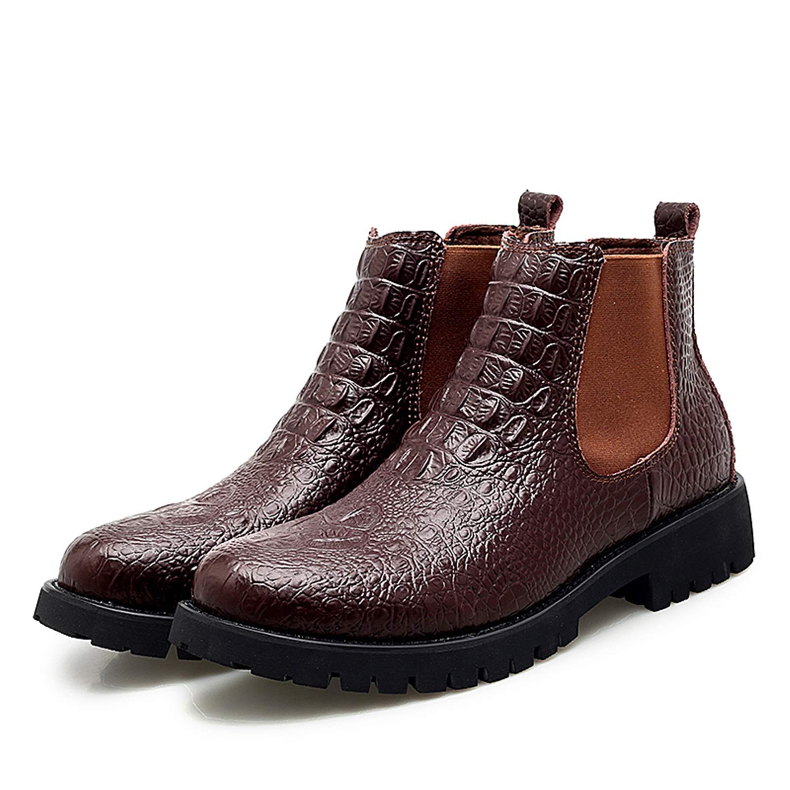 Men's Motorcycle Chelsea Boots - Business Casual Riding Boots with Elastic Gussets, Block Heel & Rubber Sole | High Top Pull-On Synthetic Leather Shoes with Crocodile Embossed Design | Perfect for Urban Commuting, Motorcycle Riding & Casual Wear