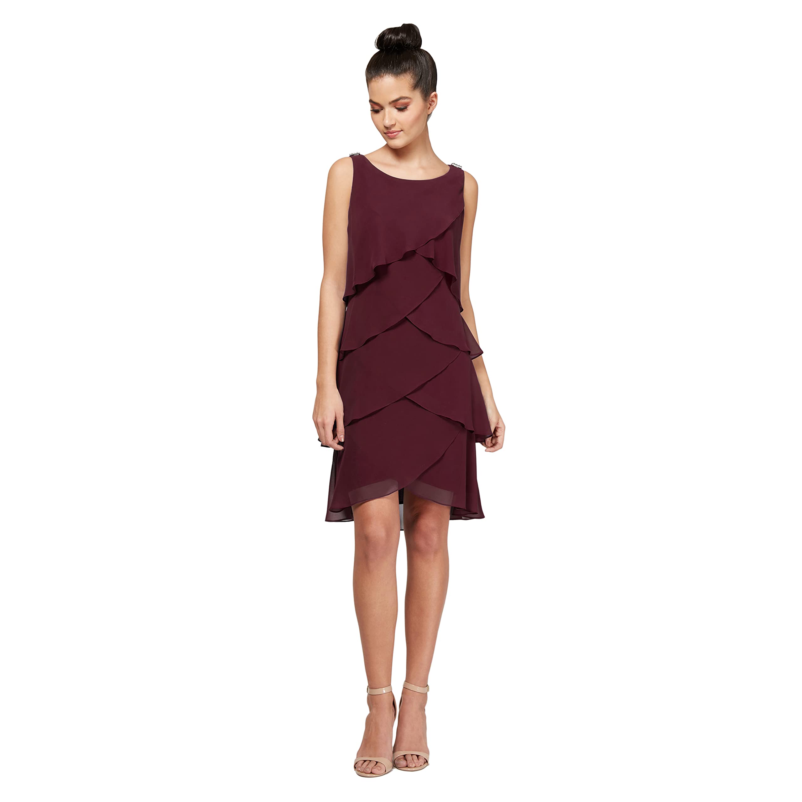 S.L. Fashions Women's Chiffon Tiered Cocktail Dress - Summer Party, Wedding Guest, Office & Formal Occasions (Petite & Regular Sizes) | Elegant Flowy Midi Dress for Evening Events & Special Occasions