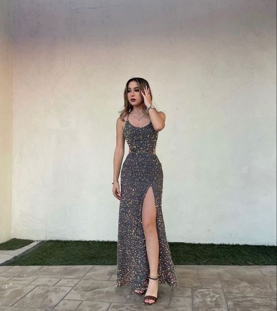 Elegant Dark Gray Sequin Sheath Long Prom Dress with High Slit - J2681 | Formal Evening Gown for Homecoming, Ball, and Special Occasions