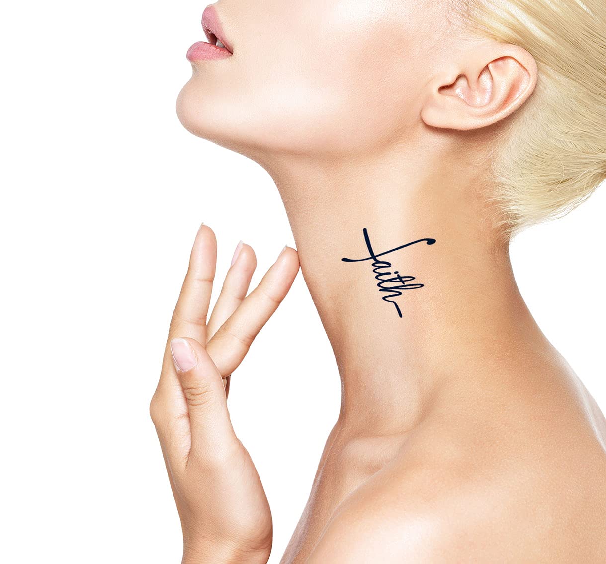 Long Lasting 1-2 Weeks Semi-Permanent Temporary Tattoo Ink - Inspirational Quote & Cross Designs for Adults (4 Sheets) | Realistic Navy Blue Fake Tattoos for Women & Men - Perfect for Chest, Neck, Arm | Great for Parties, Festivals, Costumes & Self-Expression