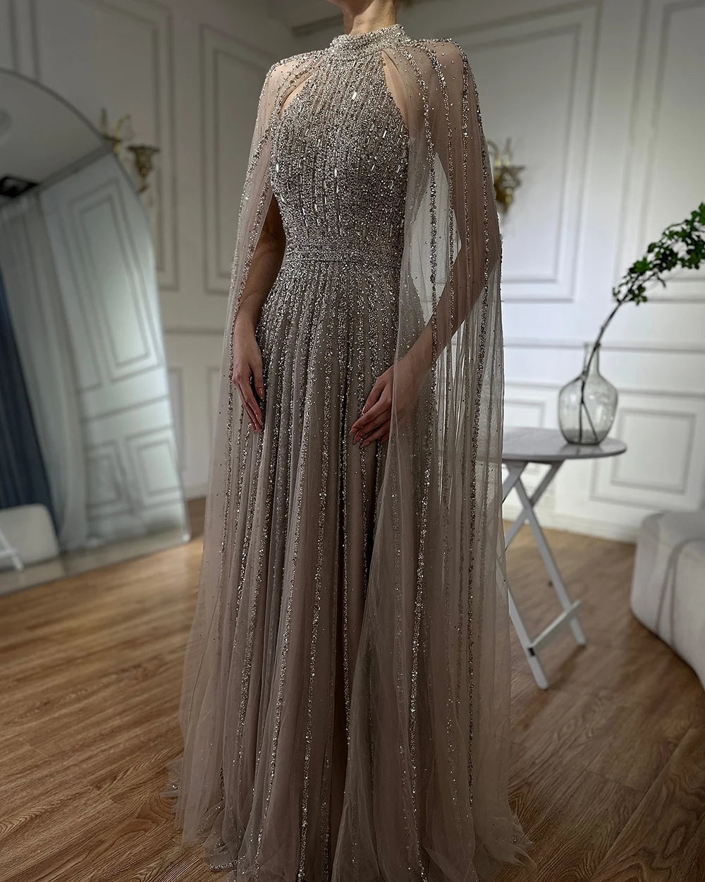 Luxury Dubai Arabic Caramel A-Line Cape Sleeve Beaded Evening Gown - Saudi Formal Dress for Women LA72306B | Perfect for Weddings, Galas & Special Occasions