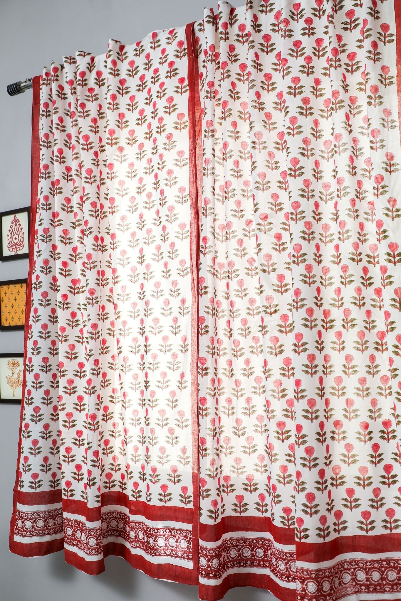 Evergreen Cherry Handblock Printed Cotton Window Curtains - Breathable Light Filtering Drapes for Living Room, Bedroom & Nursery