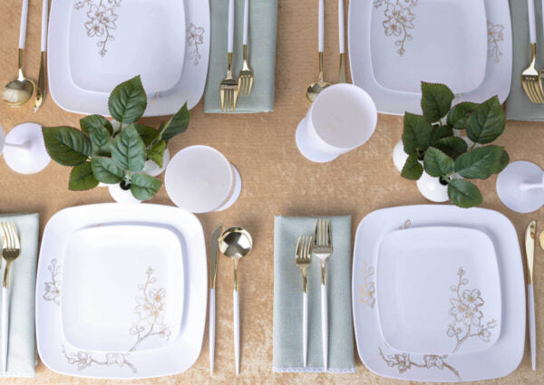 32-Piece White and Gold Round Plastic Dinnerware Set - 16 Place Settings - Elegant Disposable Plates, Bowls, Cups & Cutlery for Parties, Weddings, and Special Events