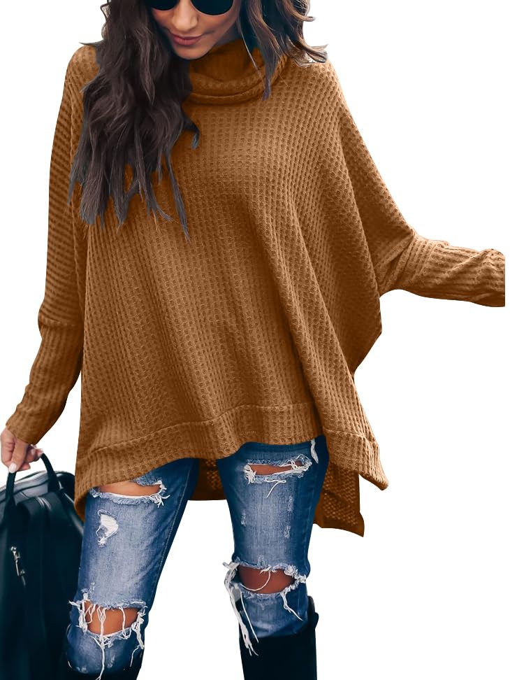 Caracilia Women's Oversized Turtleneck Sweater - Batwing Long Sleeve Waffle Knit Pullover with Split Hem | Cozy Winter Tops for Casual Outfits, Office Wear & Holiday Fashion 2024