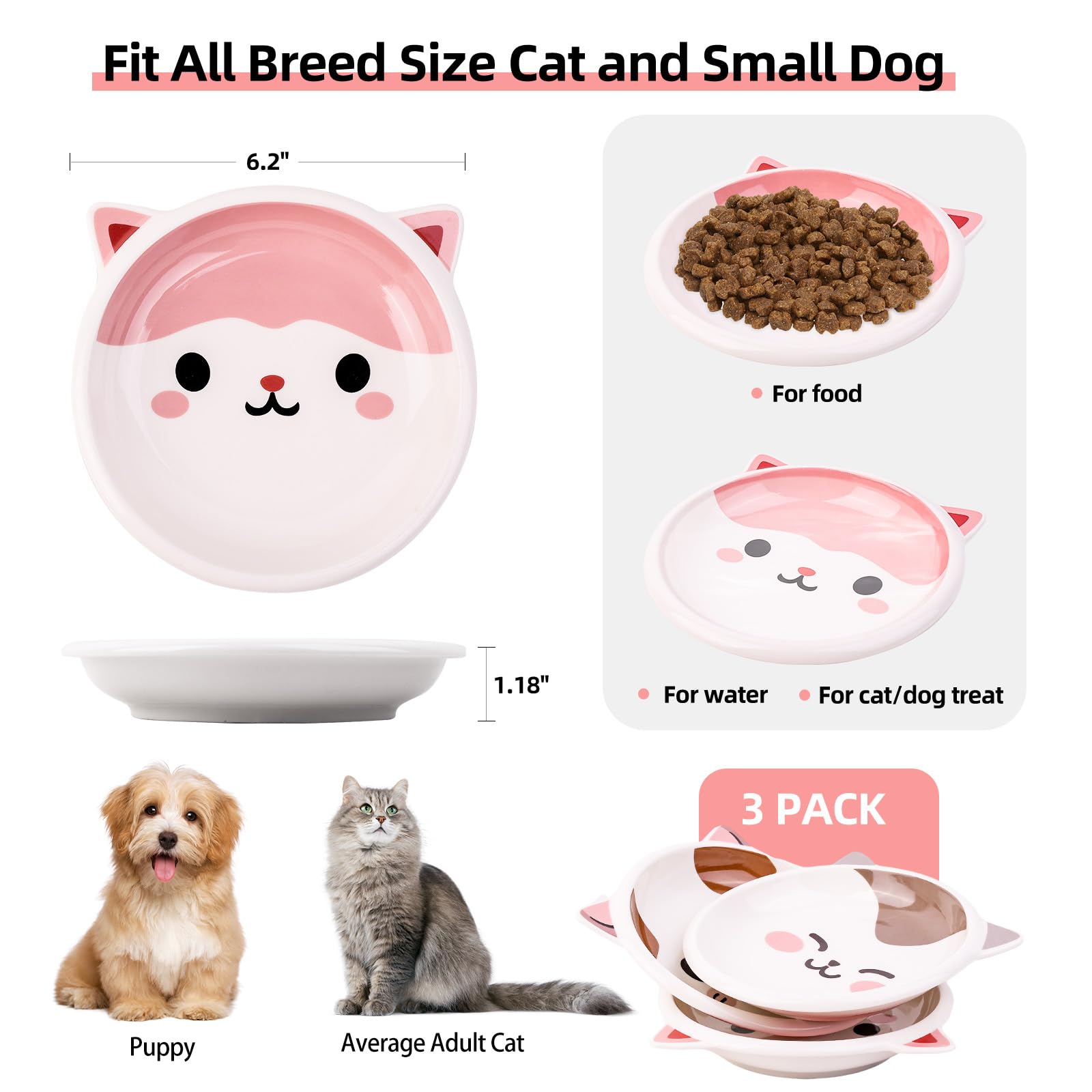 Premium Ceramic Cat Food & Water Bowl Set - 3-Piece Wide Shallow Dish for Dry/Wet Food - Anti-Whisker Fatigue Design with Non-Slip Base - Perfect for Indoor Cats, Kittens, Dogs & Puppies - Ideal for Stress-Free Feeding & Hydration Station at Home