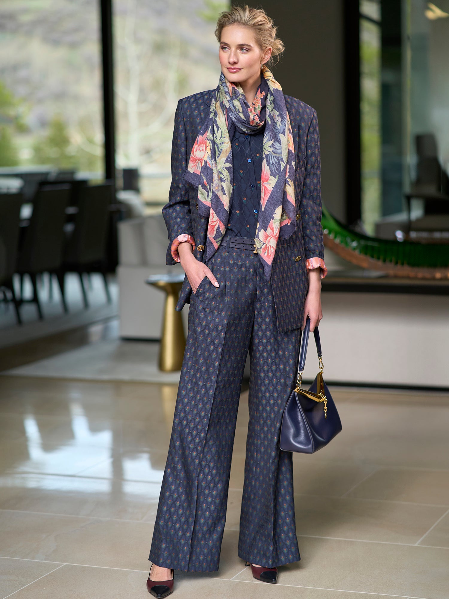 Remi Floral Jacquard Pants for Women - Elegant High Waist Palazzo Trousers for Casual Wear, Office & Special Occasions