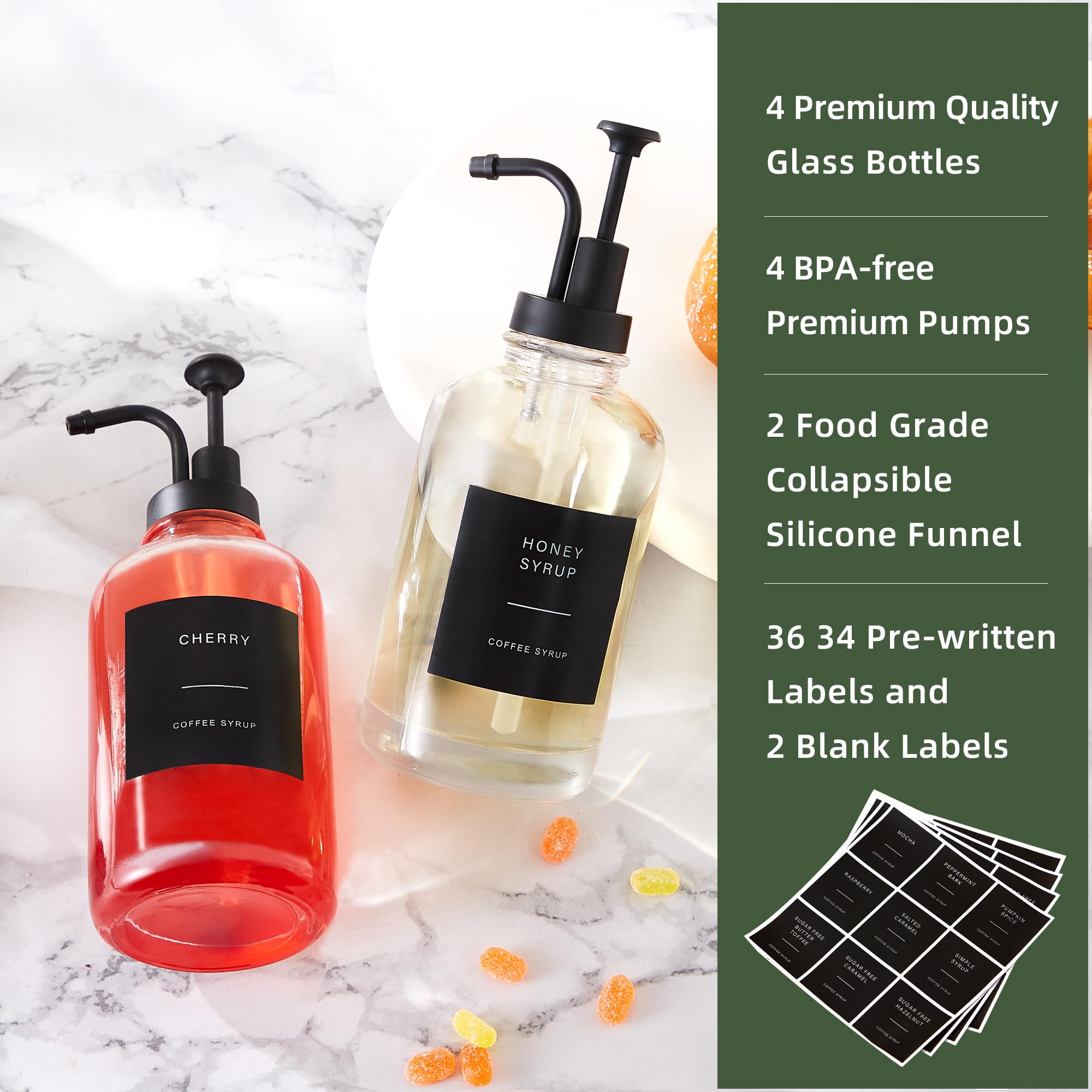 Premium Coffee Syrup Dispensers Set of 4 - 16.9 oz Glass Bottles with Matte Black Pumps & 36 Labels - Barista-Grade Syrup Pump Dispenser for Coffee Shops, Cafes & Home Use - Perfect for Latte Art, Iced Coffee & Specialty Drinks