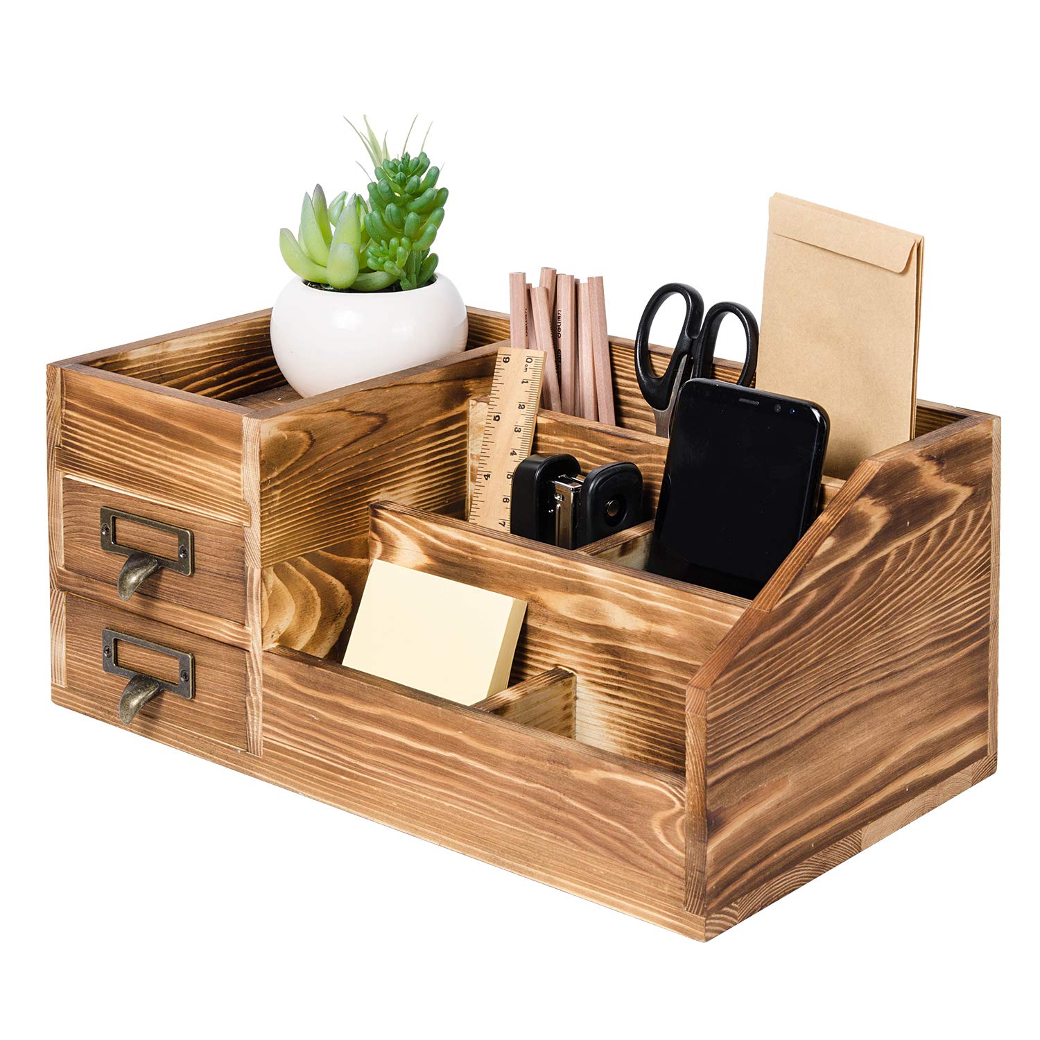 Rustic Wooden Desktop Organizer - 2-Tier Drawer Storage Cabinet with Multiple Compartments for Office, Makeup & Jewelry | Home & Office Organization | Perfect for Desk, Vanity & Workspace Storage