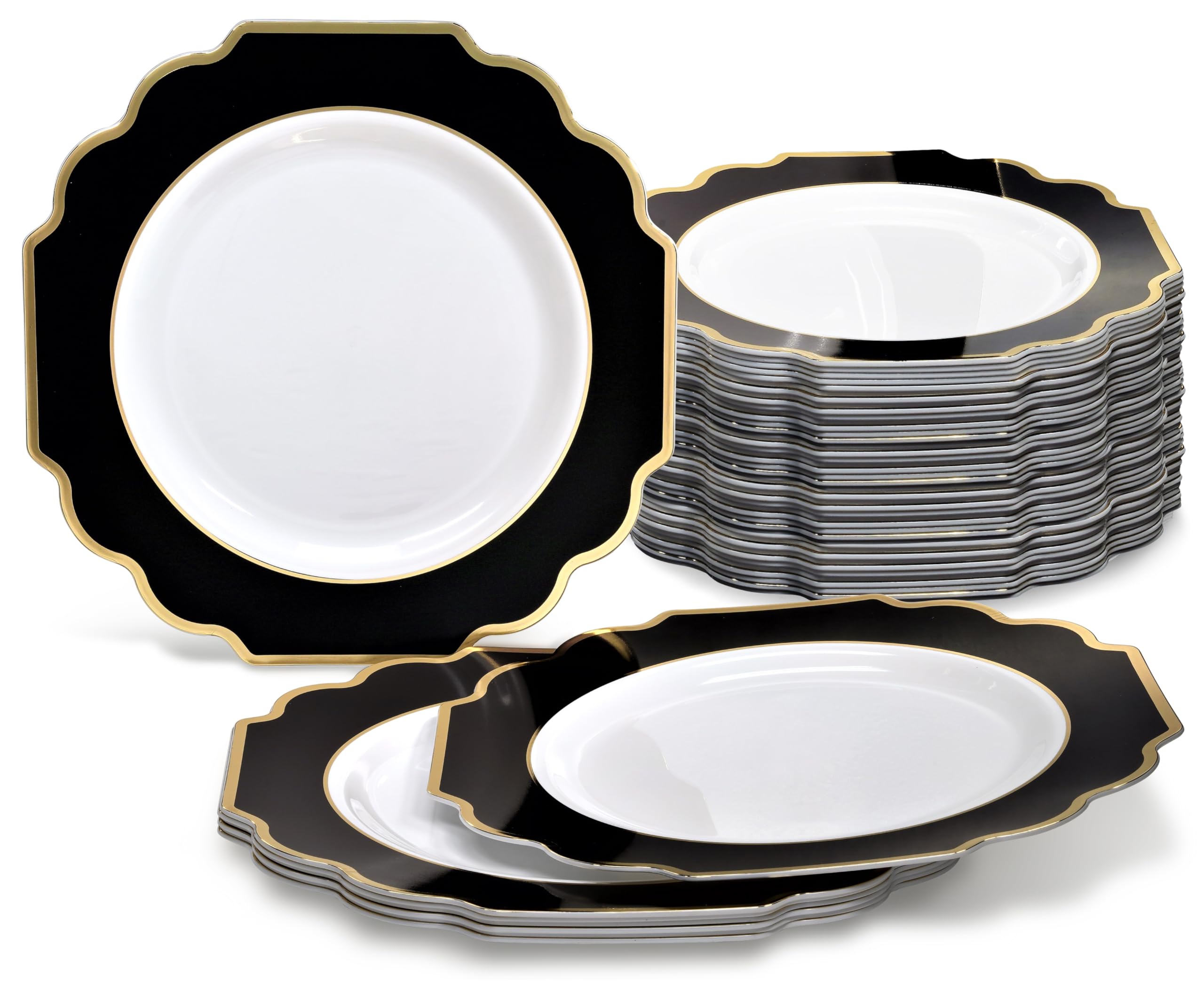 120-Pack Heavyweight Disposable Plastic Plates - 8'' Appetizer & Dessert Plates for Weddings, Parties & Events (White/Black & Gold) - Perfect for Birthday Celebrations, Baby Showers & Holiday Gatherings