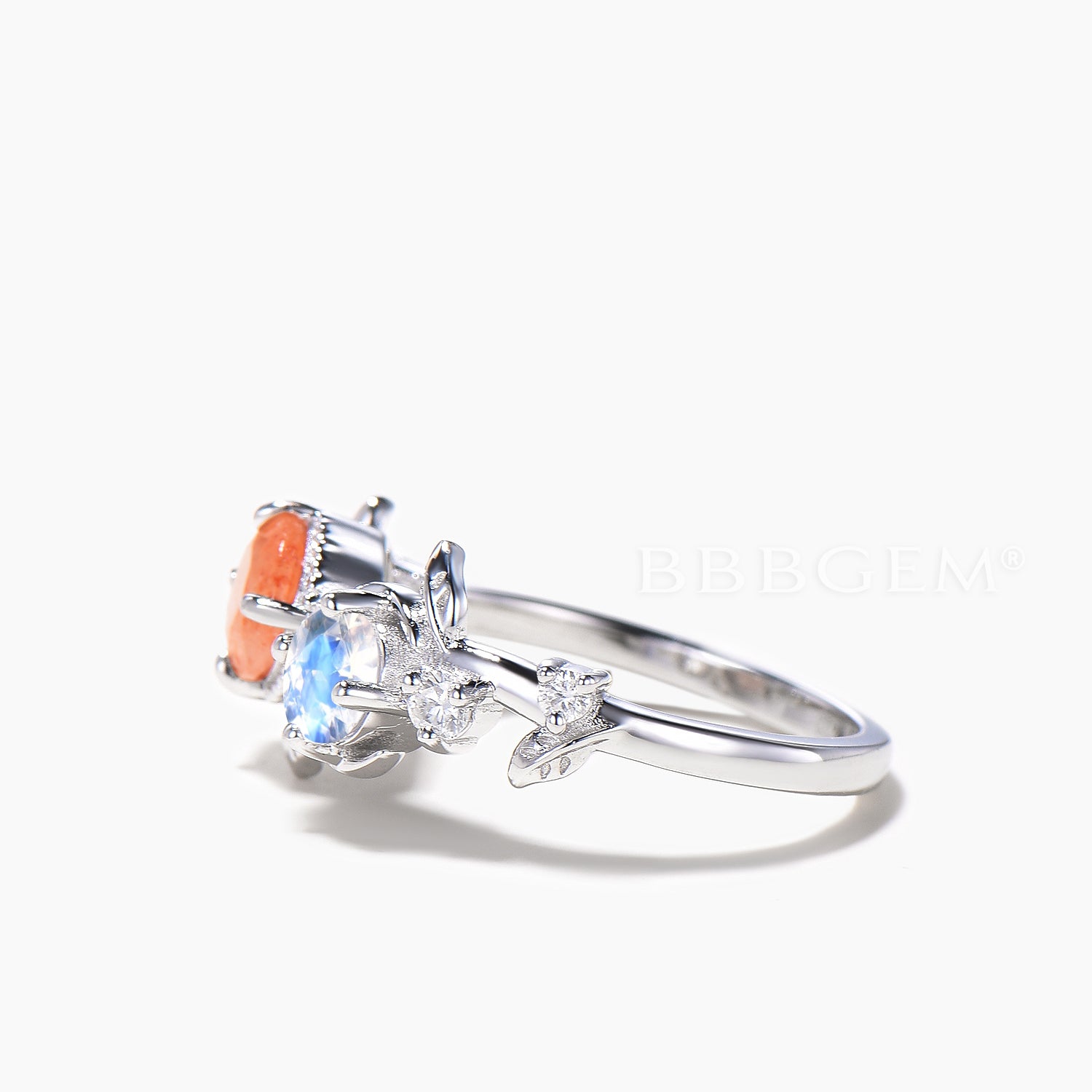 Natural Sunstone & Moonstone Toi et Moi Engagement Ring - Round Cut Leaf Design for Wedding, Promise, Anniversary & Special Occasions