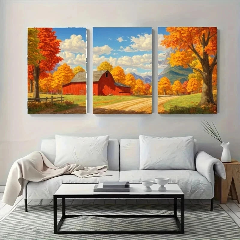 3-Piece Red Barn Landscape Metal Wall Art - Ready to Hang Farmhouse Decor for Living Room, Bedroom & Office