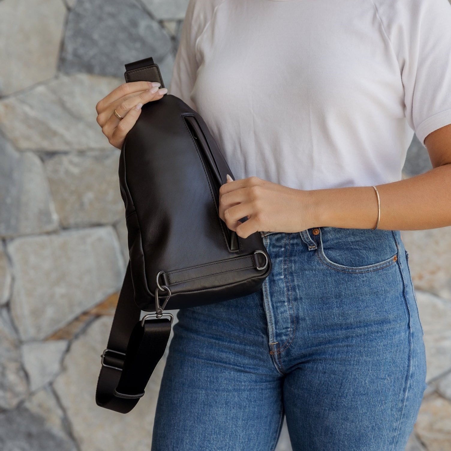 Stylish Multi-Wear Leather Crossbody Sling Bag for Women & Men - Black with Bold Logo - Perfect for Travel, Work & Everyday Use