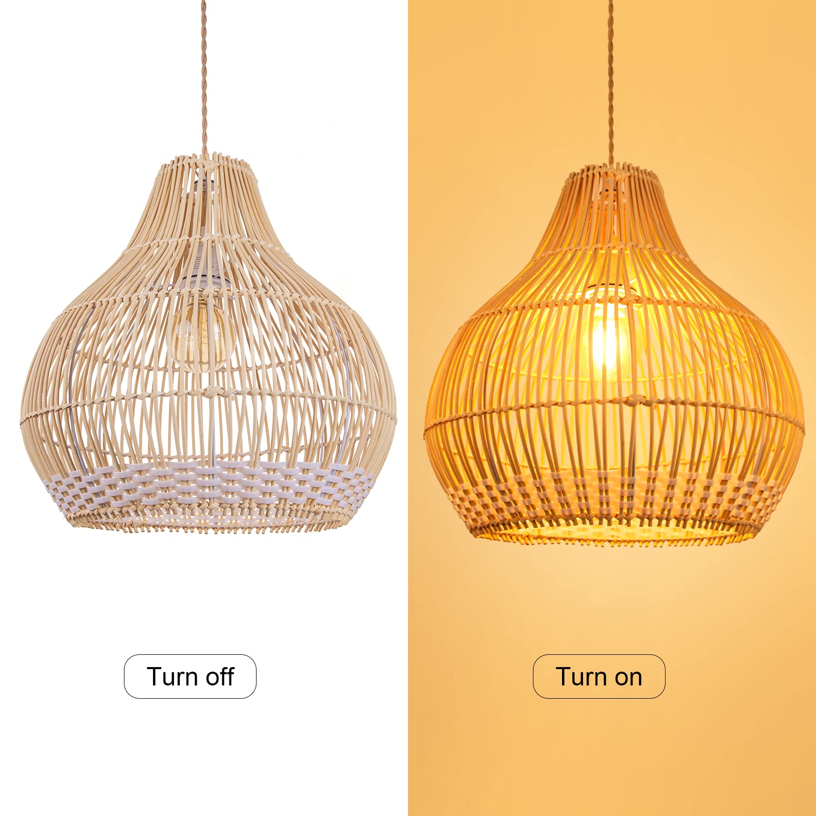 Arturesthome Coastal Rattan Pendant Light - Handmade Woven Wicker Chandelier for Kitchen Island, Living Room & Bedroom - White Round Ceiling Lamp with Natural Texture - Perfect for Farmhouse, Boho & Coastal Decor Styles