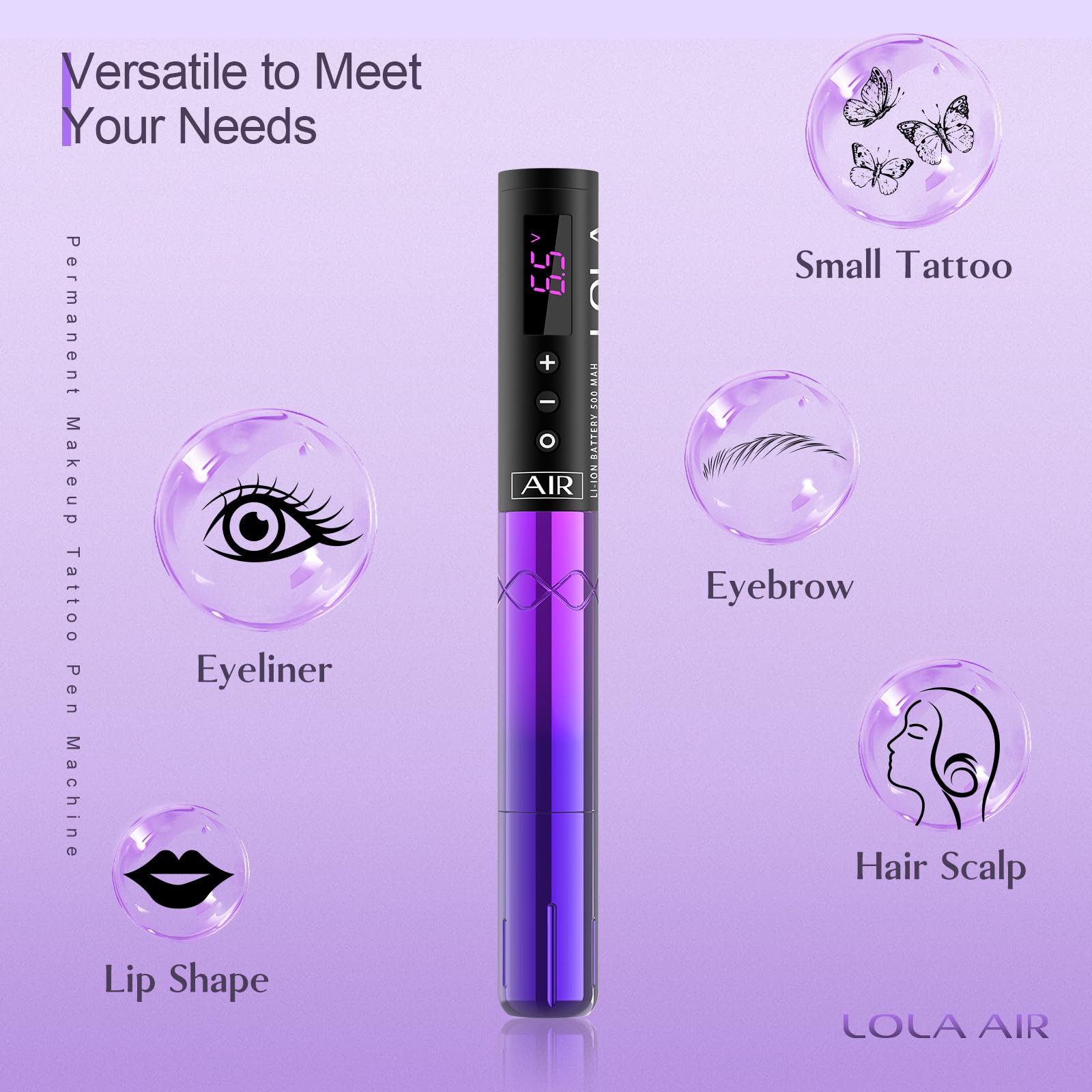 Professional EZ Tattoo Kit - Complete Permanent Makeup Machine Pen with 3 Rechargeable Batteries for Beginners & Women Artists | Lola Air Purple Gradient | Perfect for Home Tattoo Practice & Professional Studio Work