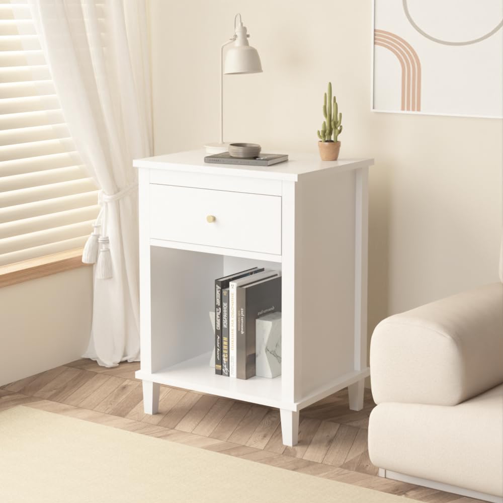 Modern Kids Nightstand with Drawer & Open Shelf - Wooden Toddler Bedside Table for Boys & Girls - White Nursery & Bedroom Storage Furniture - Perfect for Bedrooms, Playrooms & Kids' Rooms