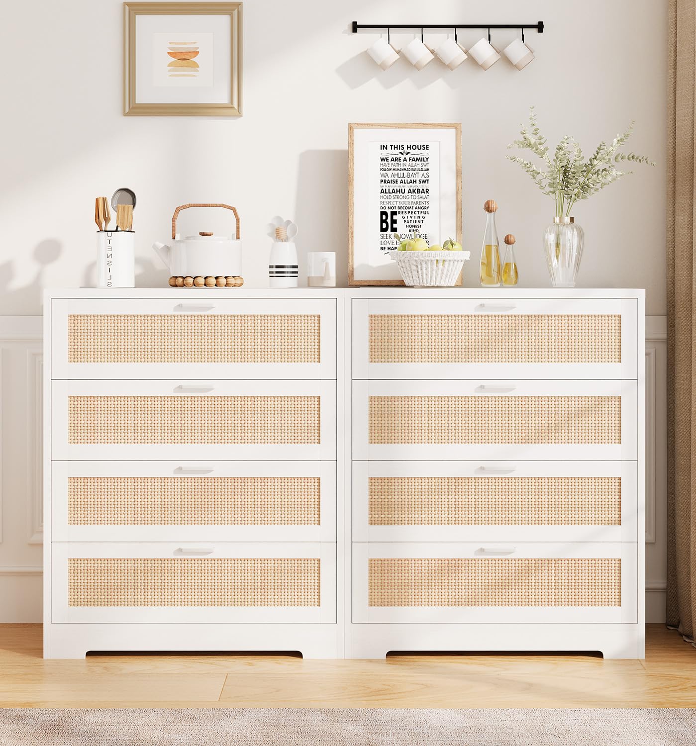 Modern 4-Drawer Rattan Dresser with Power Outlets & Metal Handles - Wooden Chest Organizer for Bedroom, Living Room, Closet, Hallway & Entryway - Perfect for Storage, Charging Devices & Home Organization